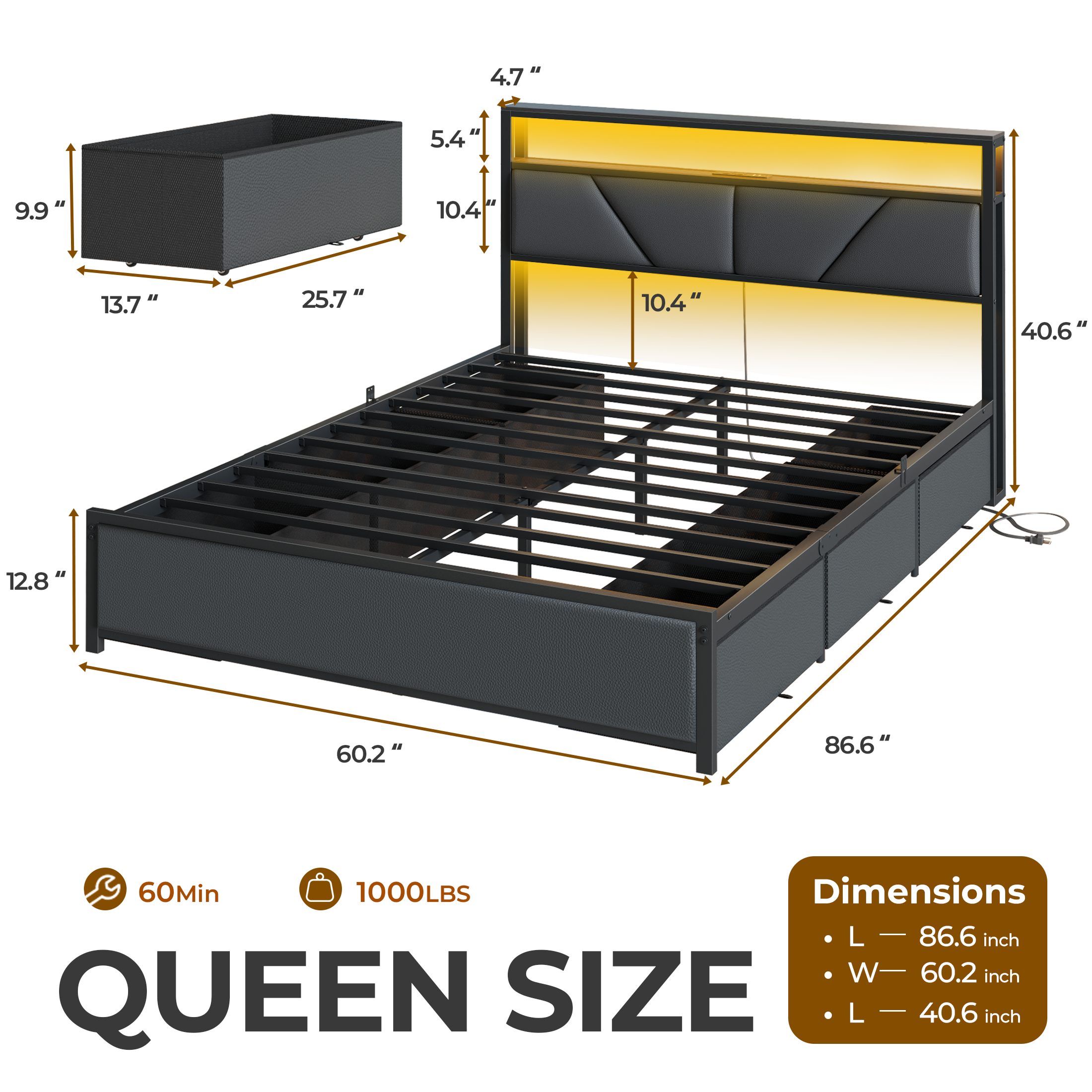 Queen Size Bed Frame with Storage Headboard and 6 Drawers Metal Platform Bed Frame with Charging Station and LED Lights PU Leather Upholstered