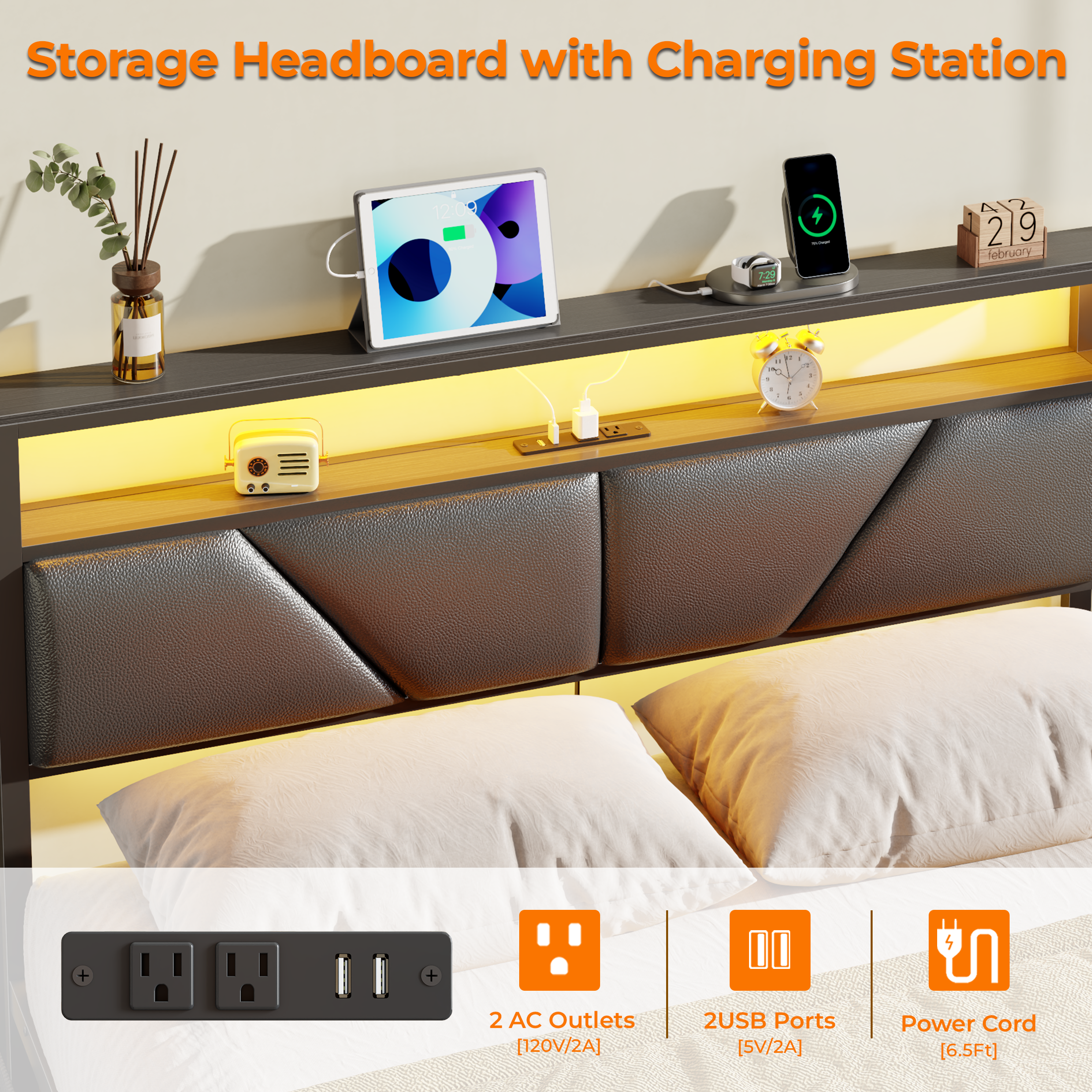 Furnulem Queen Bed Frame with 6 Storage Drawers Metal Platform Bed Frame with 2-Tier Storage Headboard PU Leather Upholstered Charging Station and LED