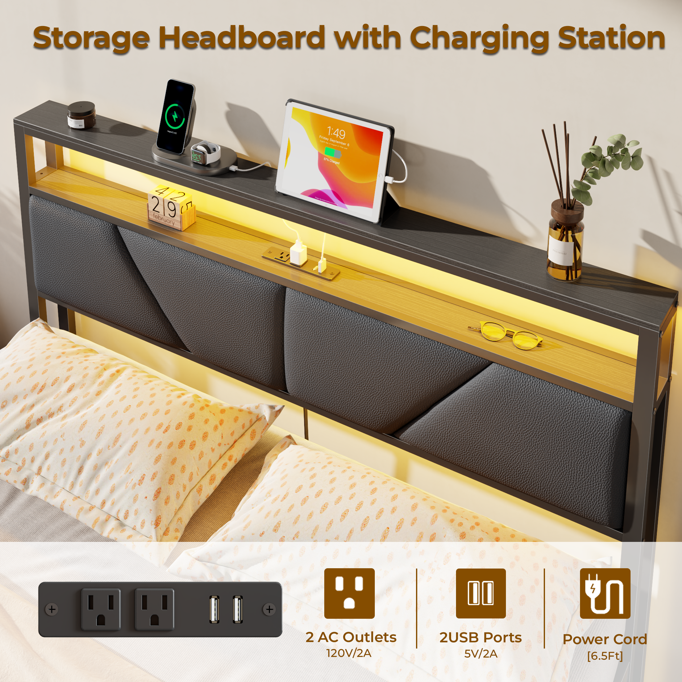 Queen Size Bed Frame with Storage Headboard and 6 Drawers Metal Platform Bed Frame with Charging Station and LED Lights PU Leather Upholstered