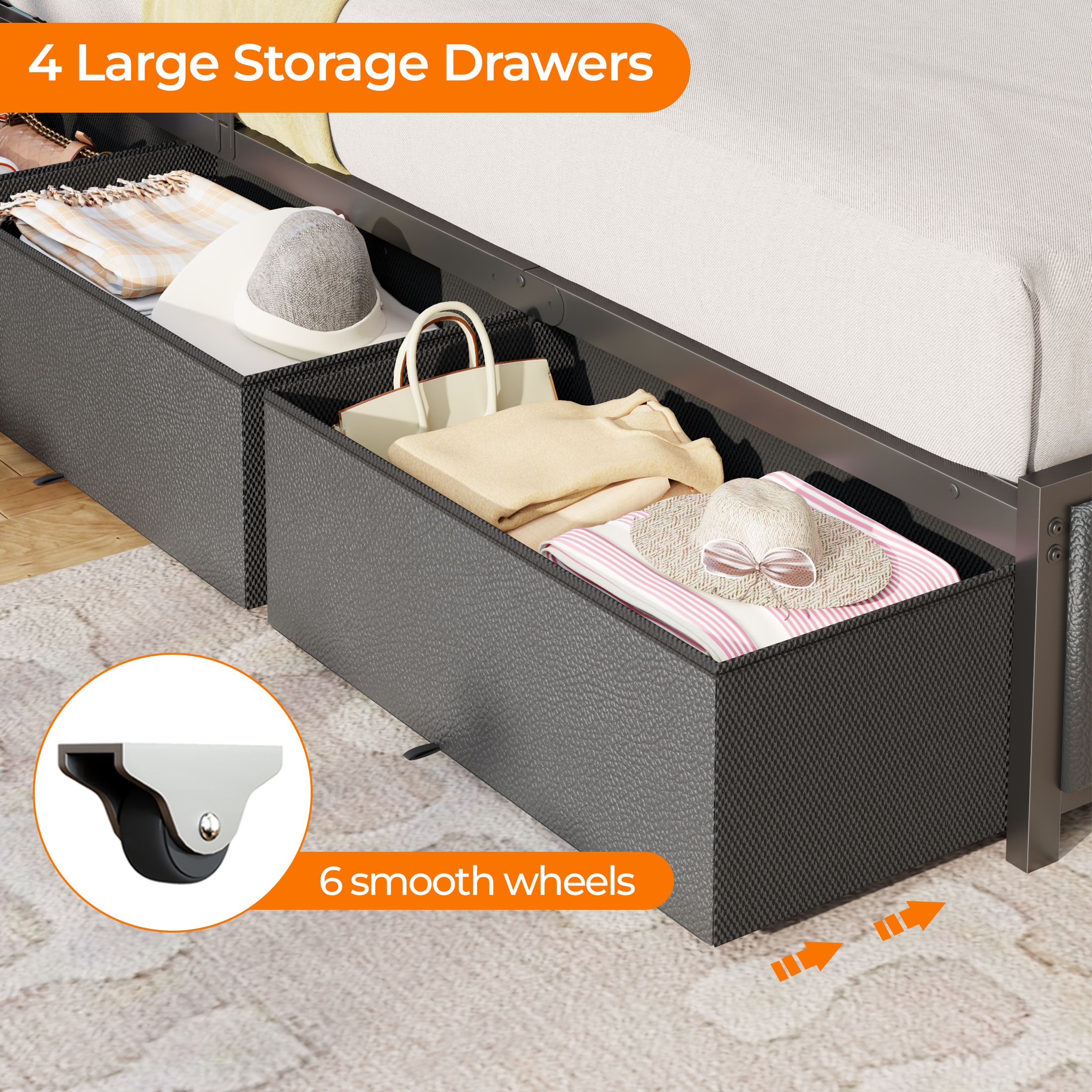 Furnulem Queen Bed Frame with 6 Storage Drawers Metal Platform Bed Frame with 2-Tier Storage Headboard PU Leather Upholstered Charging Station and LED