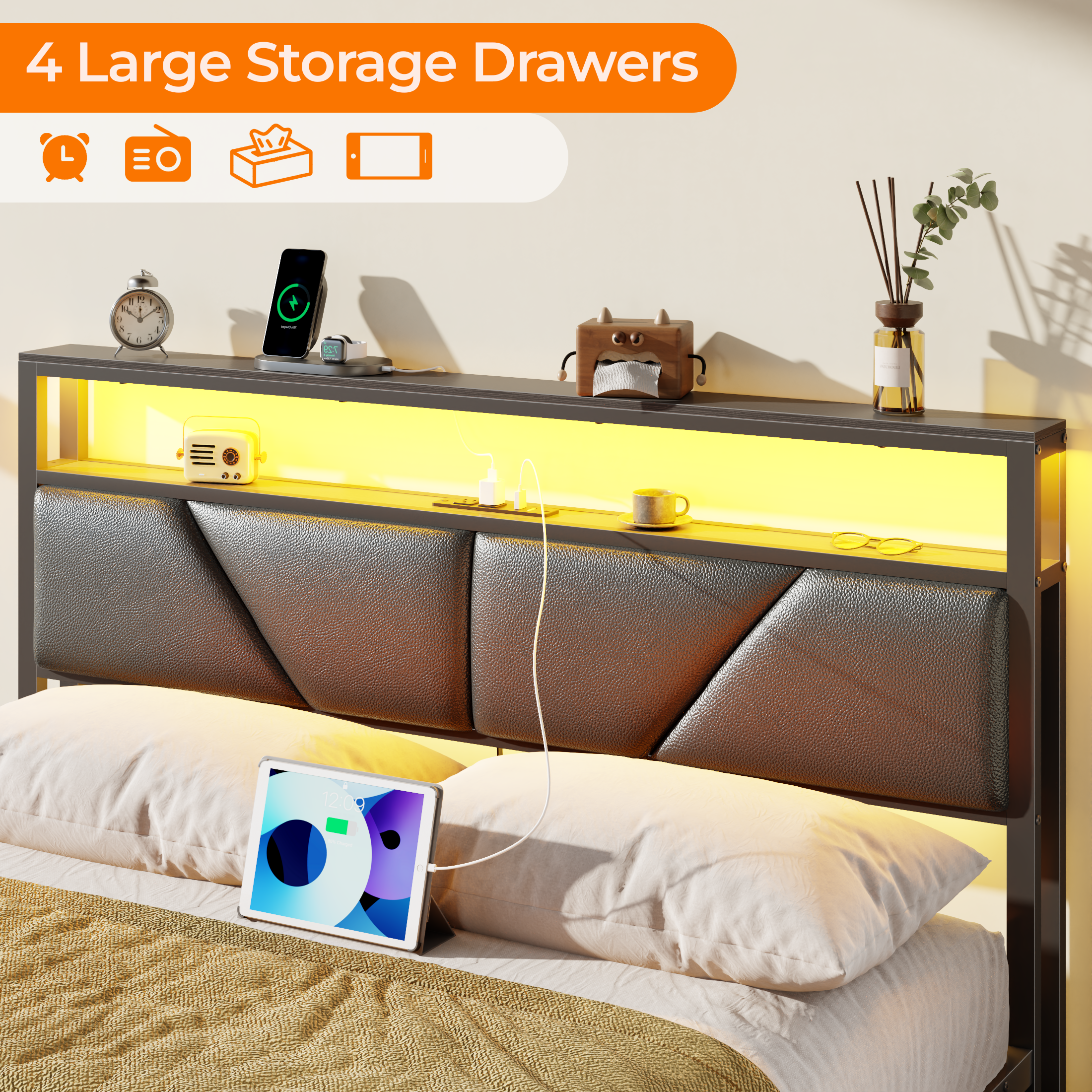 Furnulem Queen Bed Frame with 6 Storage Drawers Metal Platform Bed Frame with 2-Tier Storage Headboard PU Leather Upholstered Charging Station and LED