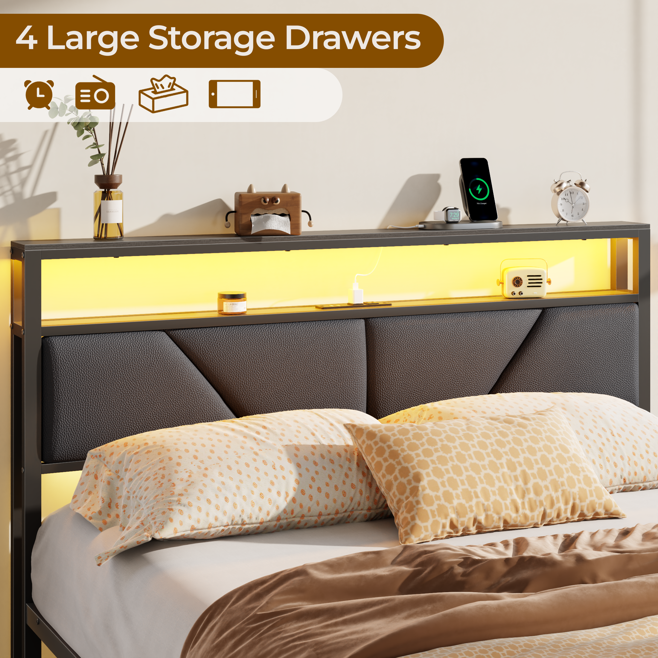 Queen Size Bed Frame with Storage Headboard and 6 Drawers Metal Platform Bed Frame with Charging Station and LED Lights PU Leather Upholstered