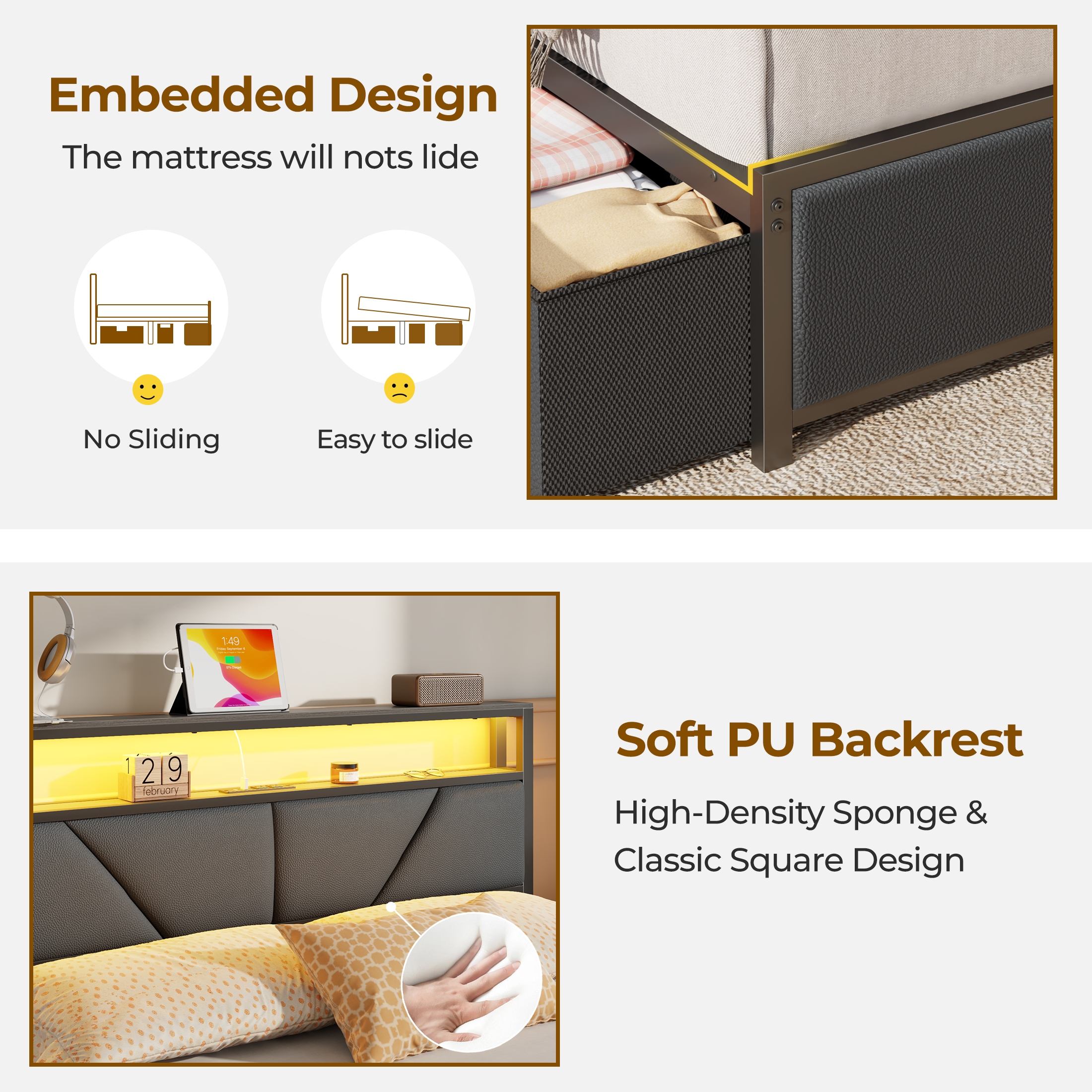 Furnulem Queen Bed Frame with 6 Storage Drawers Metal Platform Bed Frame with 2-Tier Storage Headboard PU Leather Upholstered Charging Station and LED