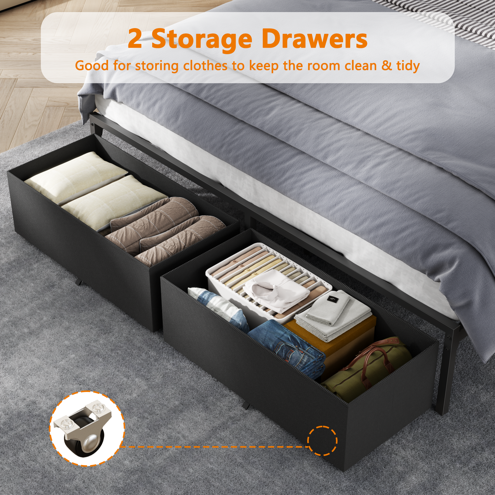 Queen Bed Frame with Wood Headboard Platform Bed with 2 Storage Drawers Shelf Built-in Charging Station LED Lights Metal Support No Box Spring Needed