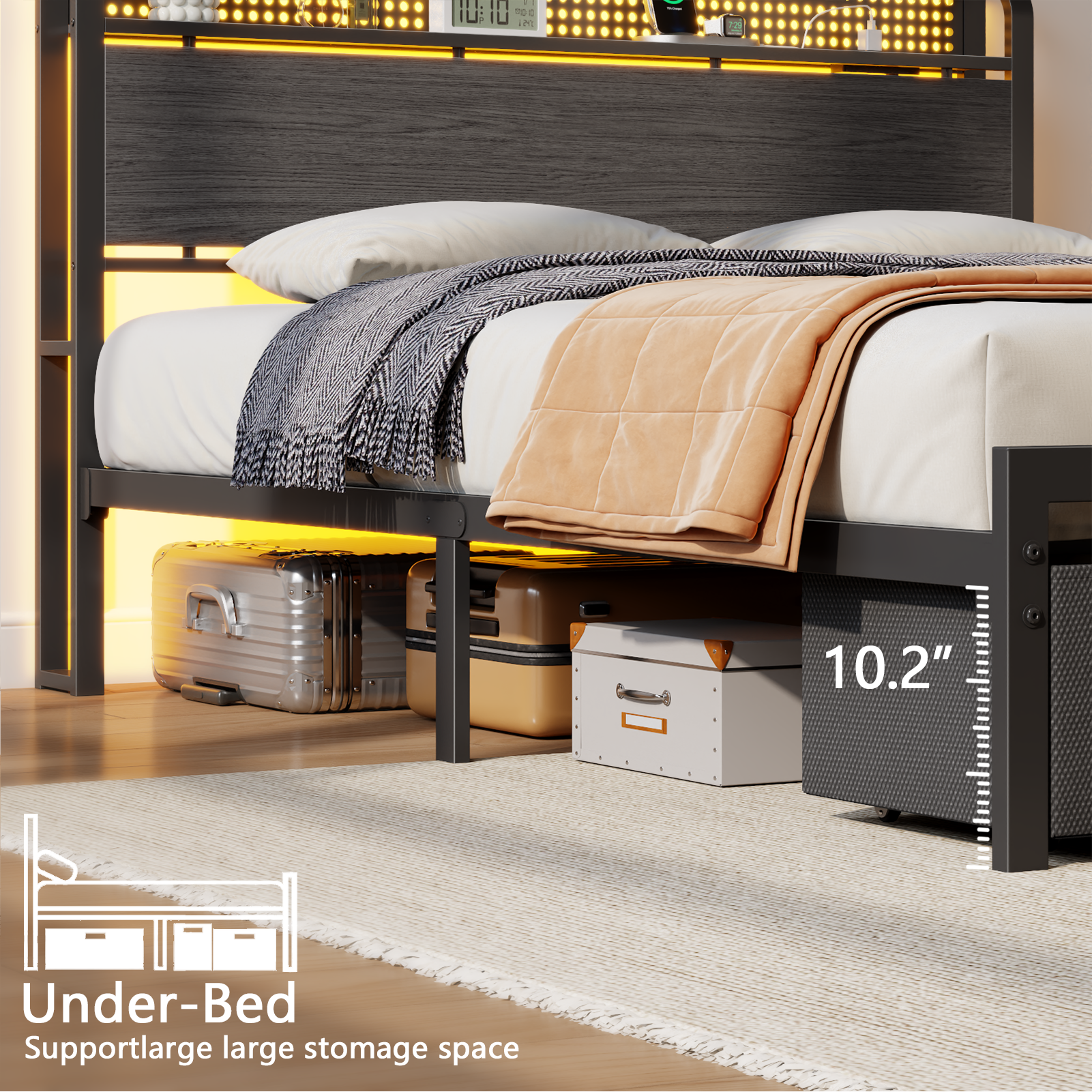 Queen Size Platform Bed Frame 2 Storage Drawers Headboard LED Lights Charging Station Heavy Duty Metal Wood No Box Spring Needed Guest Bedroom USB