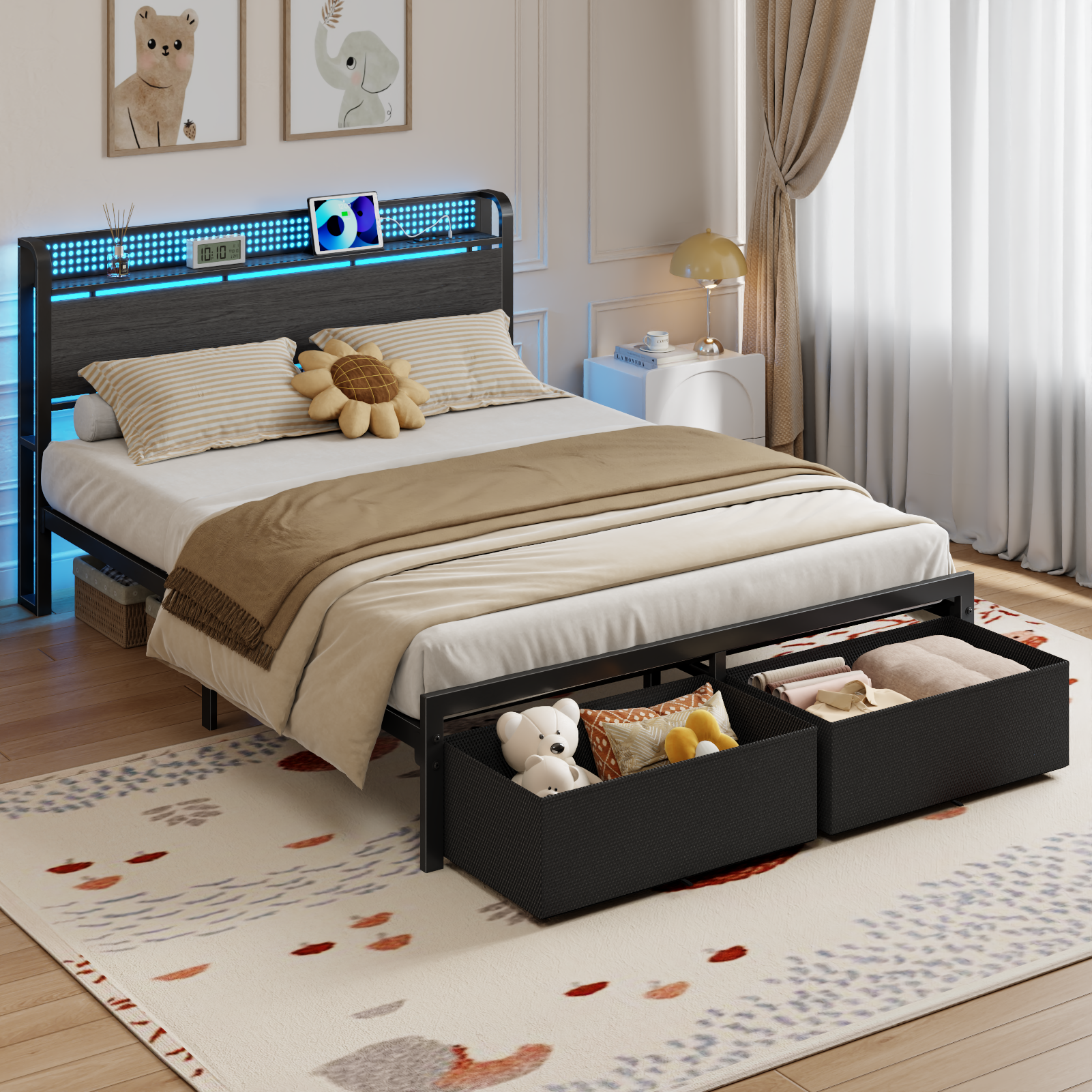 Queen Size Platform Bed Frame 2 Storage Drawers Headboard LED Lights Charging Station Heavy Duty Metal Wood No Box Spring Needed Guest Bedroom USB