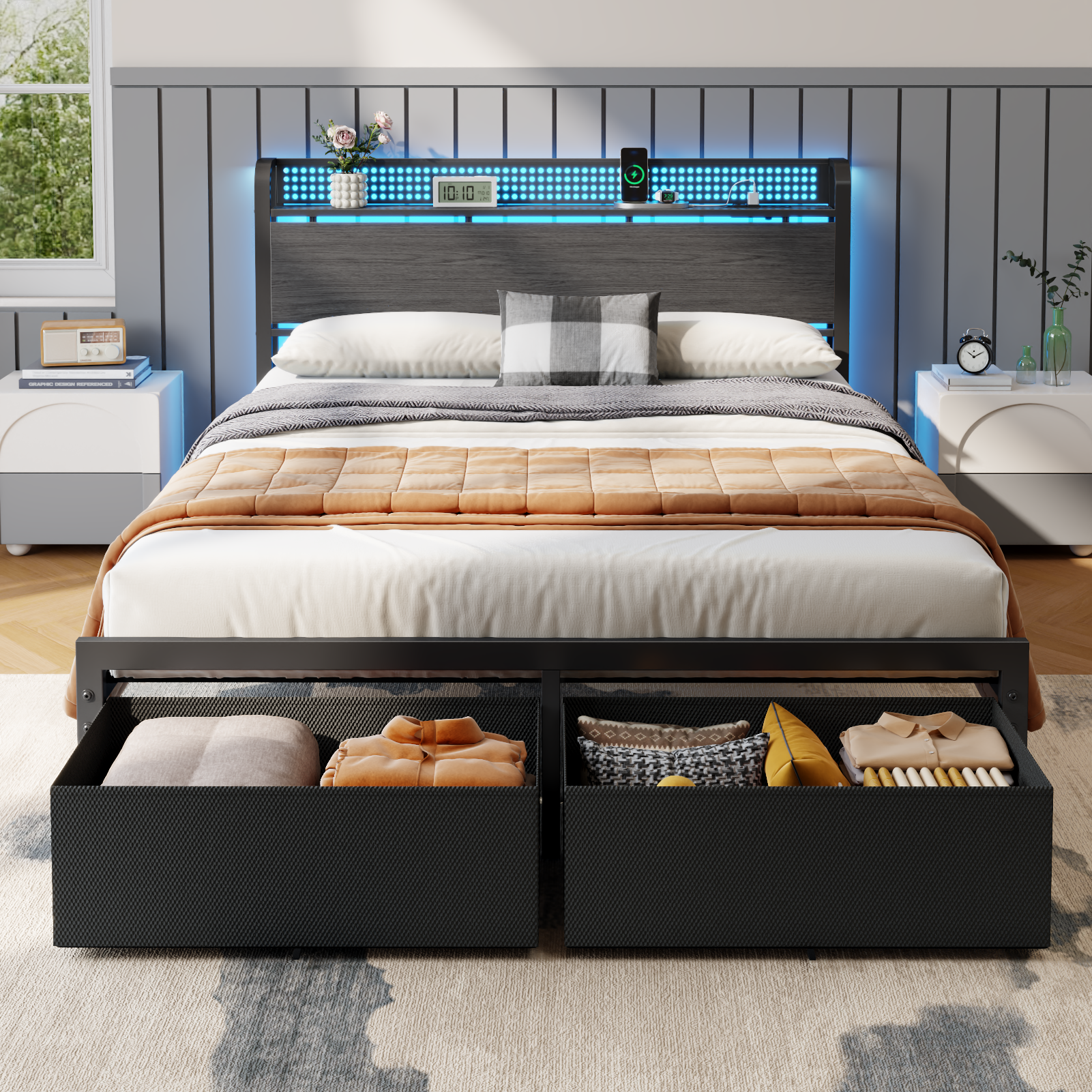 Queen Size Platform Bed Frame 2 Storage Drawers Headboard LED Lights Charging Station Heavy Duty Metal Wood No Box Spring Needed Guest Bedroom USB