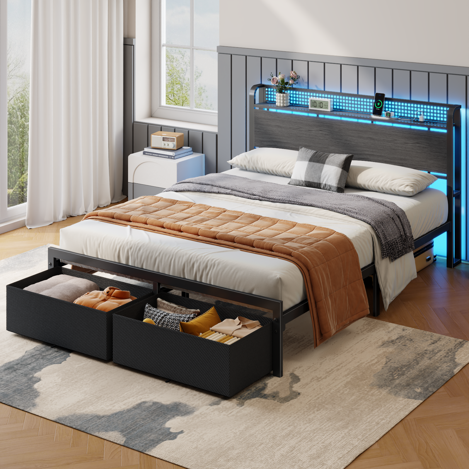 Queen Size Platform Bed Frame 2 Storage Drawers Headboard LED Lights Charging Station Heavy Duty Metal Wood No Box Spring Needed Guest Bedroom USB