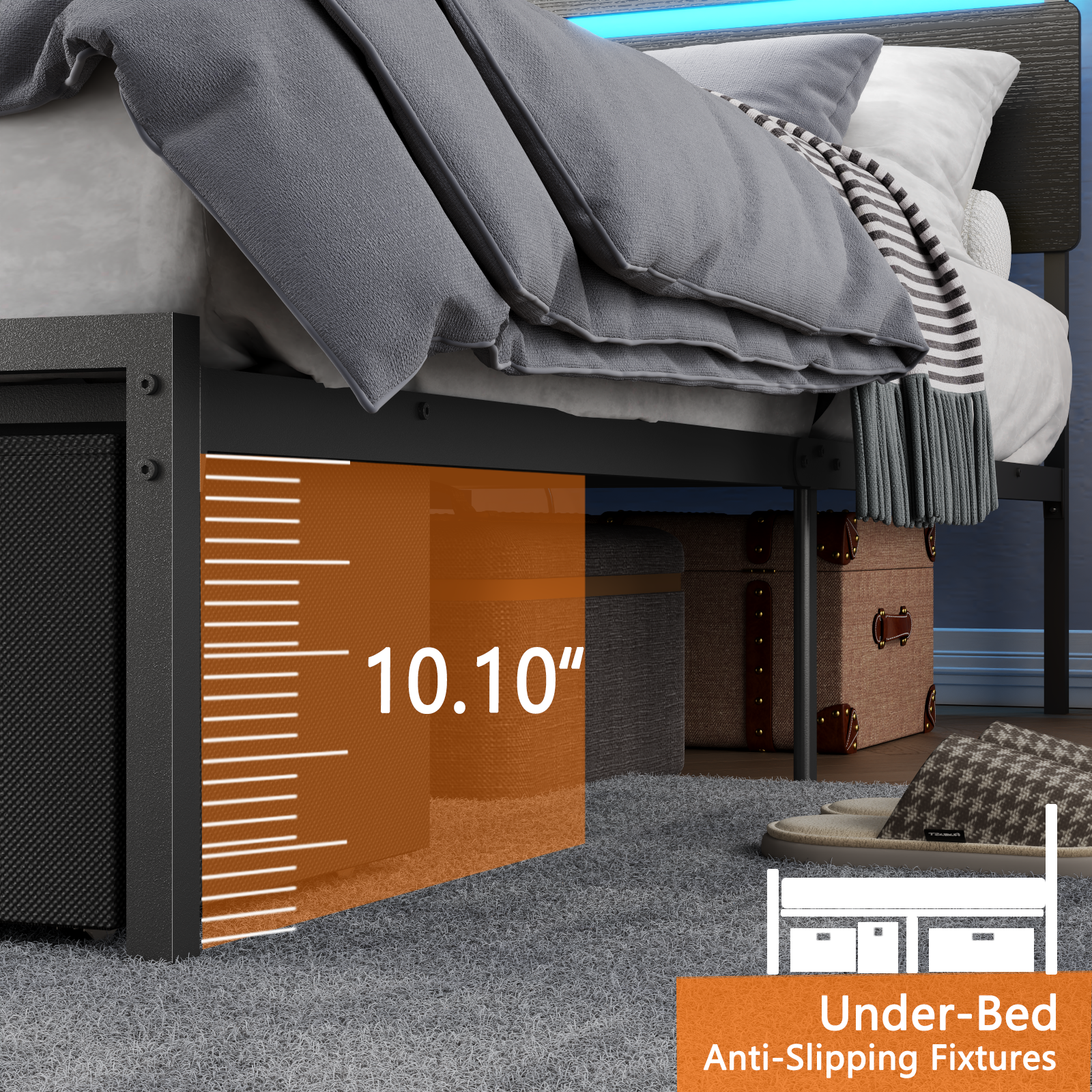 Queen Bed Frame with Wood Headboard Platform Bed with 2 Storage Drawers Shelf Built-in Charging Station LED Lights Metal Support No Box Spring Needed