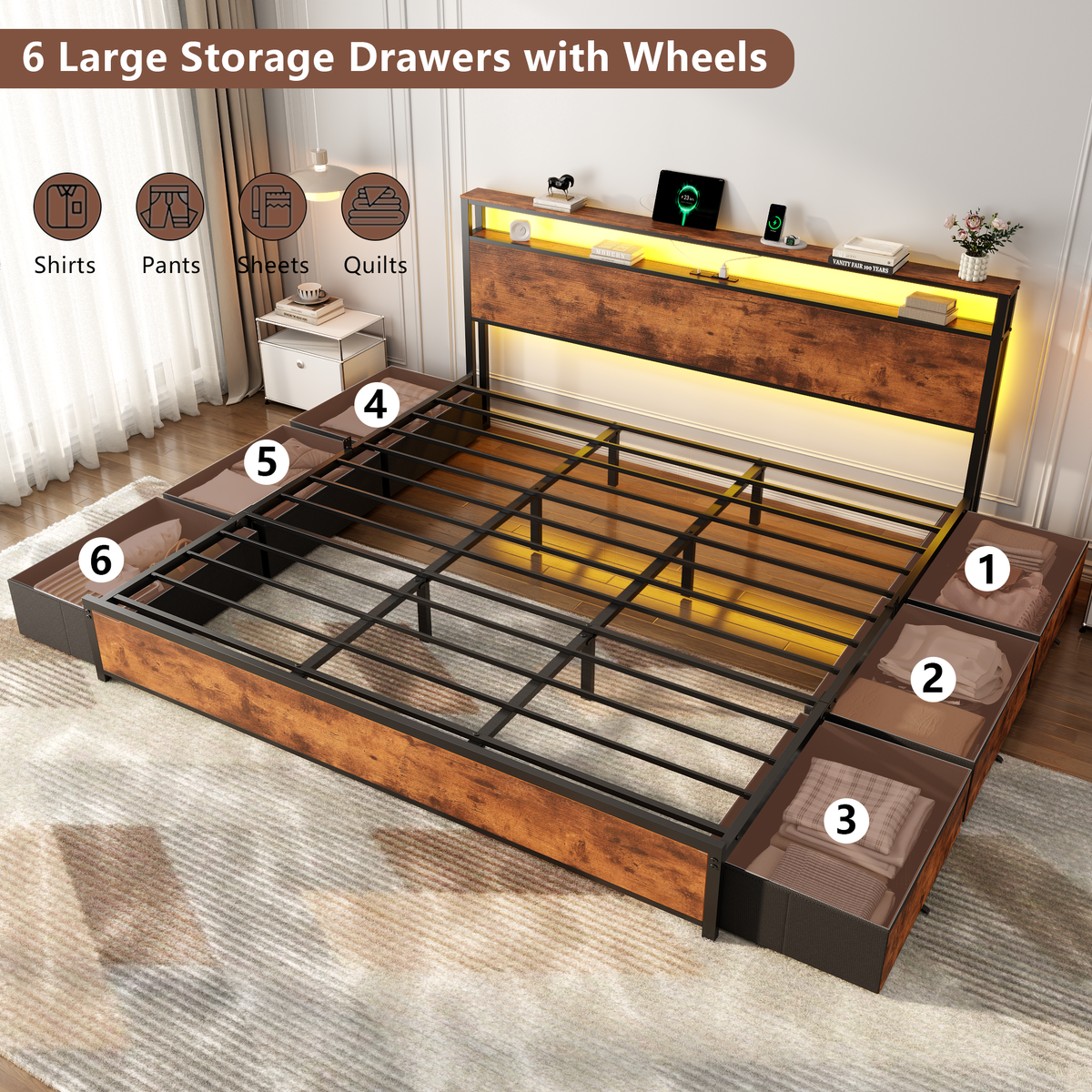 Bed Frame 6 Drawers Storage Headboard LED Lights Charging Station Metal Platform Bed Black