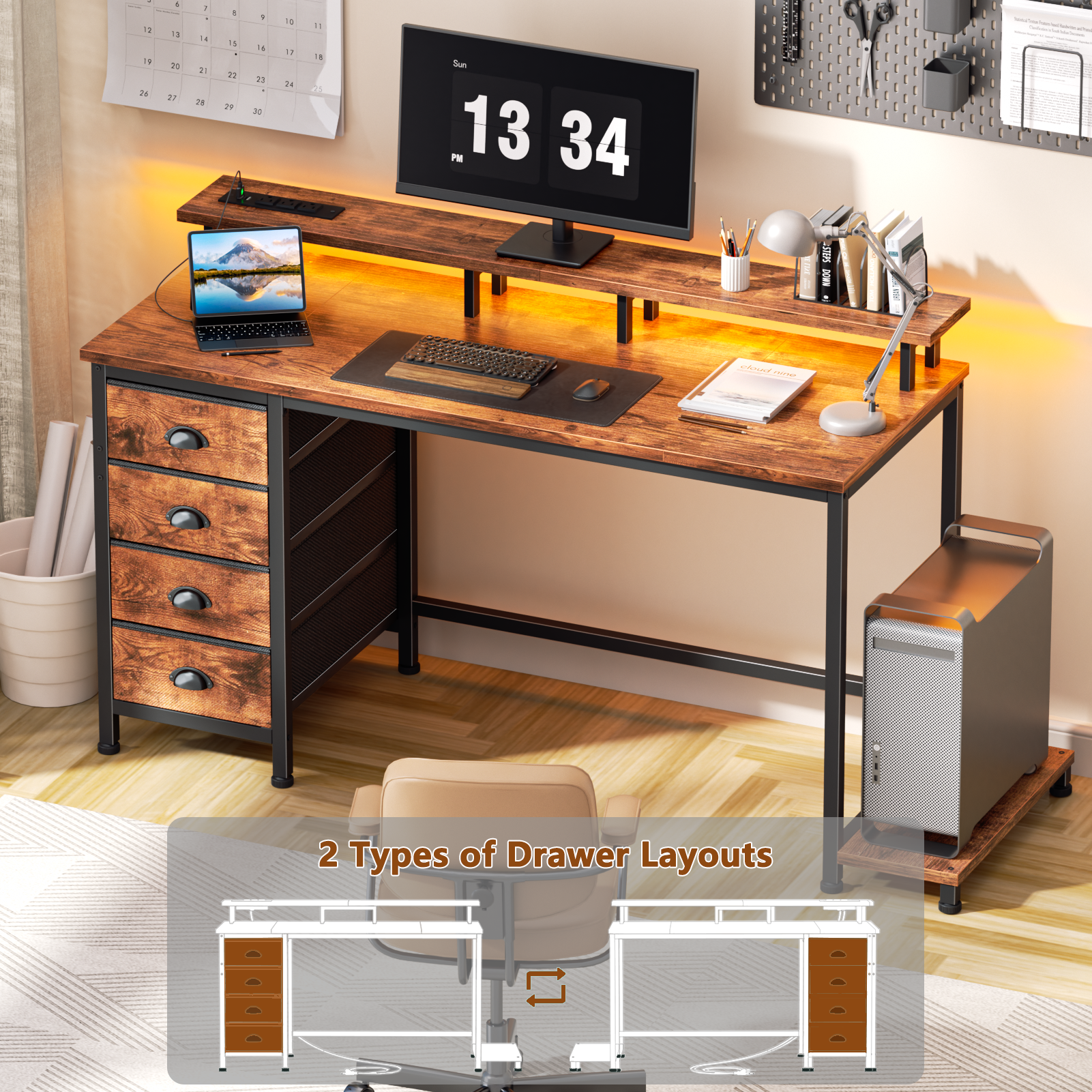 47 Inch Rustic Brown Computer Desk with Charging Station Reversible Gaming Desk LED Lights 4 Fabric Drawers Monitor Stand Home Office Writing Table