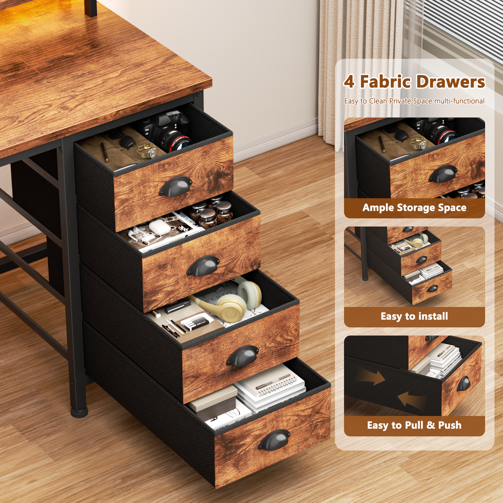 47 Inch Rustic Brown Computer Desk with Charging Station Reversible Gaming Desk LED Lights 4 Fabric Drawers Monitor Stand Home Office Writing Table