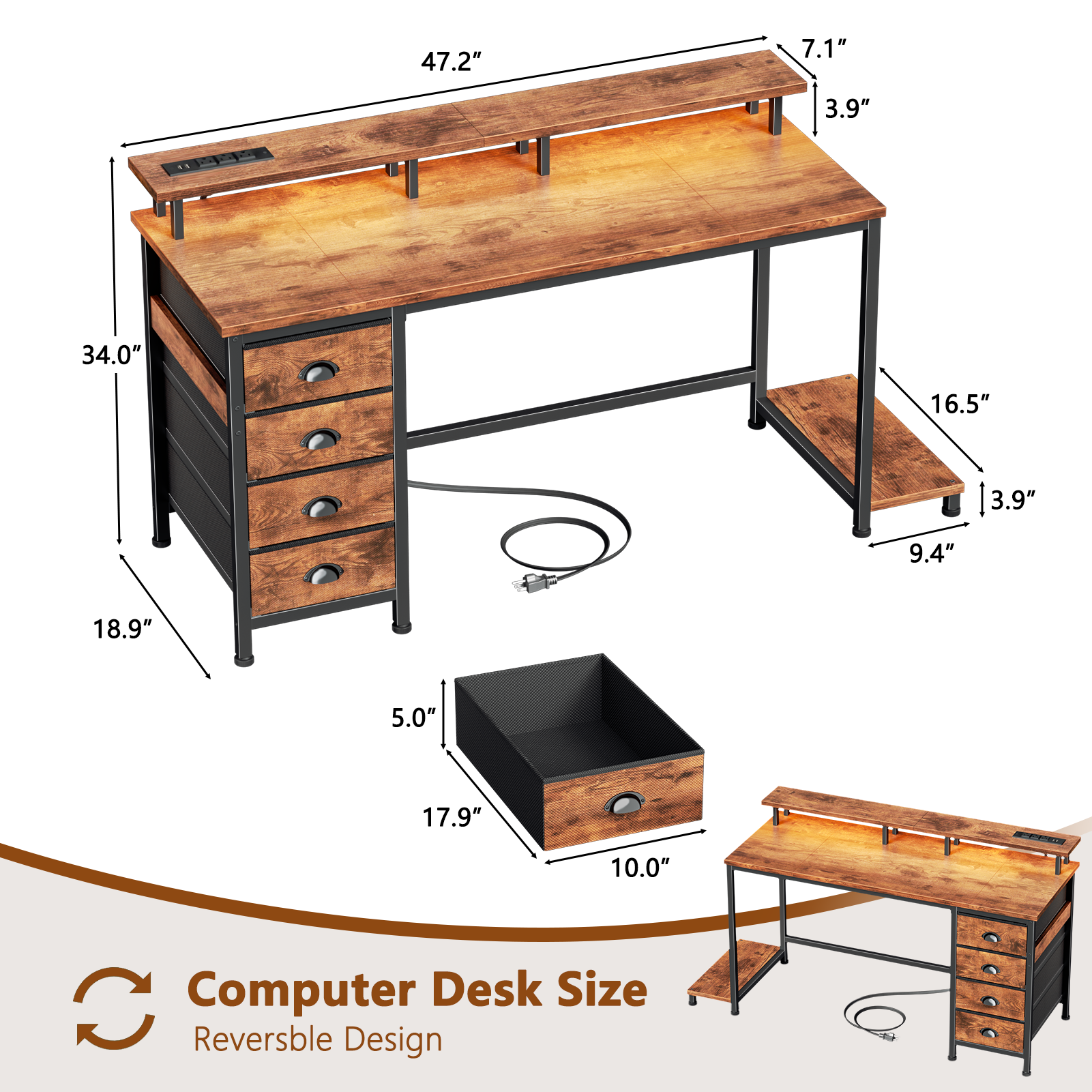 47 Inch Rustic Brown Computer Desk with Charging Station Reversible Gaming Desk LED Lights 4 Fabric Drawers Monitor Stand Home Office Writing Table