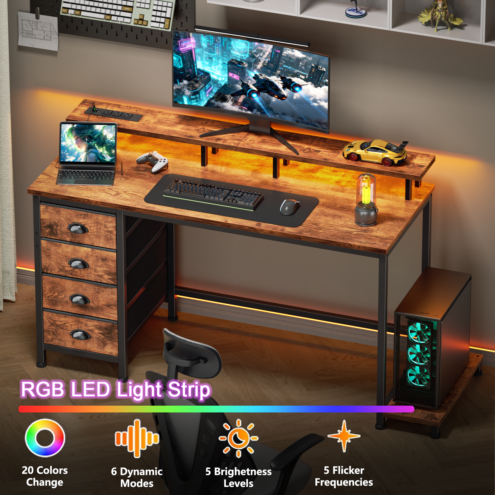 47 Inch Rustic Brown Computer Desk with Charging Station Reversible Gaming Desk LED Lights 4 Fabric Drawers Monitor Stand Home Office Writing Table