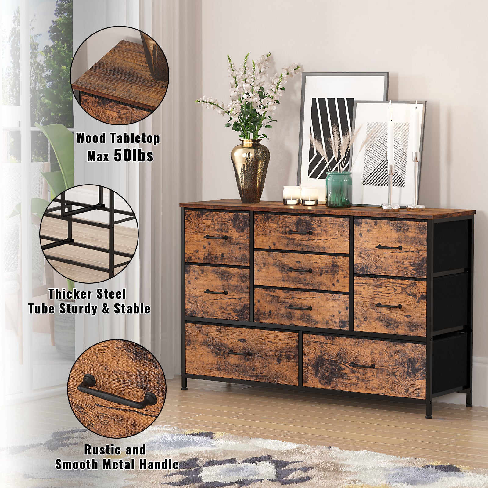 Industrial Rustic Brown 9 Drawer Dresser Wide Fabric Storage Chest Wood Top Bedroom Furniture Media Console TV Stand 45 Inch Organizer