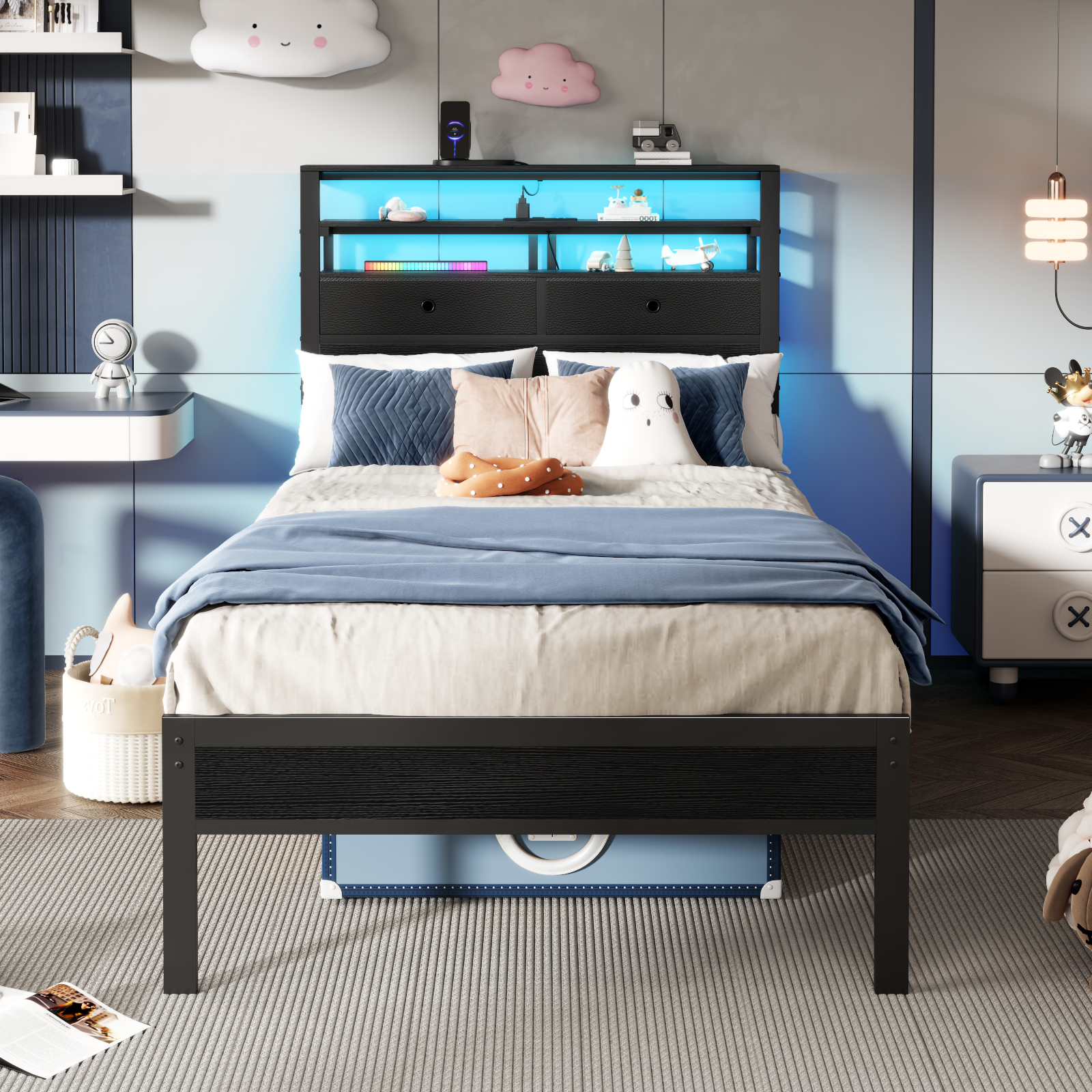 Twin Bed Frame with Storage Bed Frame With Rgb Led Lights Bed With Headboard Charging Station No Box Spring Needed Black Oack