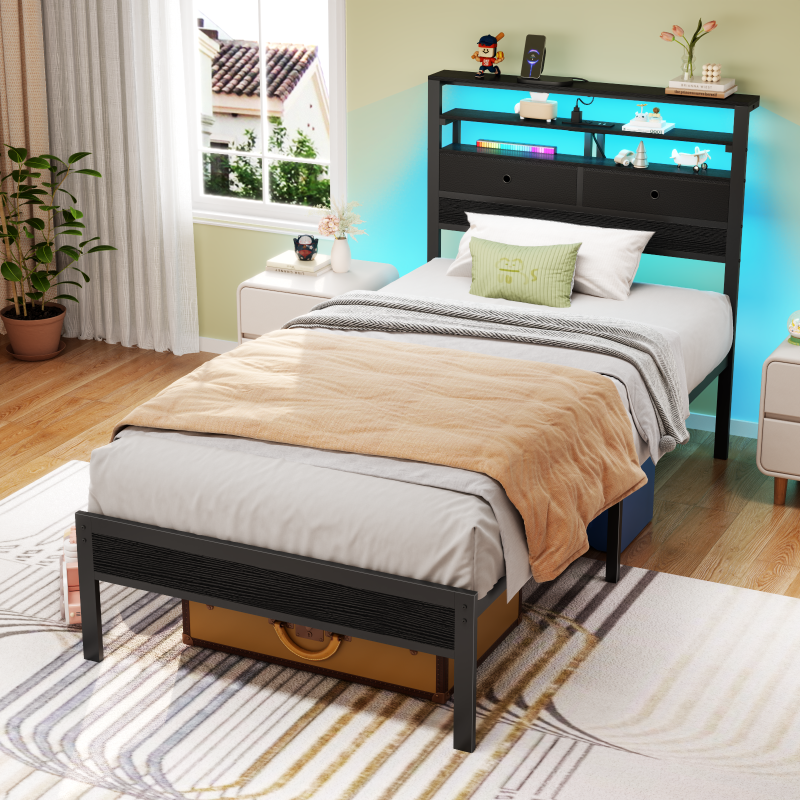 Twin Bed Frame with Storage Bed Frame With Rgb Led Lights Bed With Headboard Charging Station No Box Spring Needed Black Oack