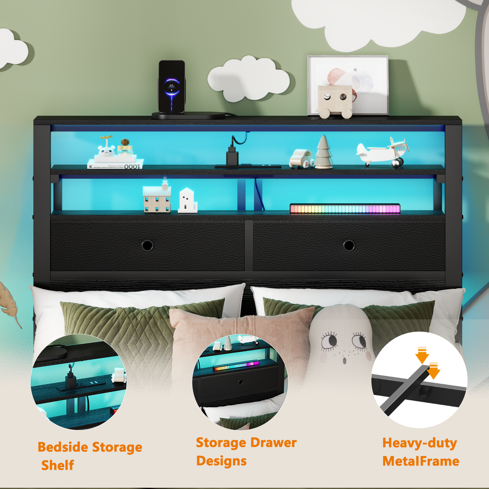 Twin Bed Frame with Storage Bed Frame With Rgb Led Lights Bed With Headboard Charging Station No Box Spring Needed Black Oack