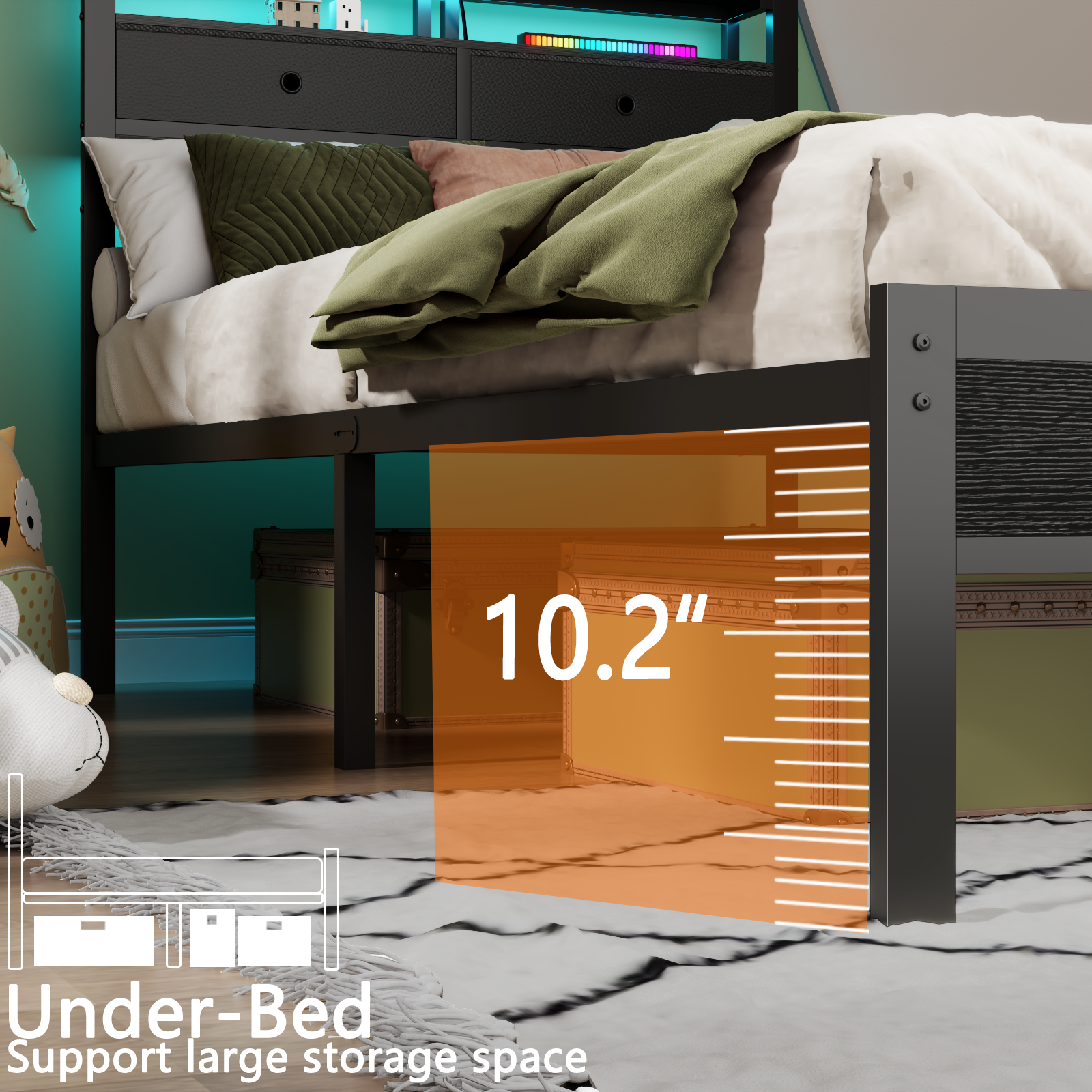 Twin Bed Frame with Storage Bed Frame With Rgb Led Lights Bed With Headboard Charging Station No Box Spring Needed Black Oack