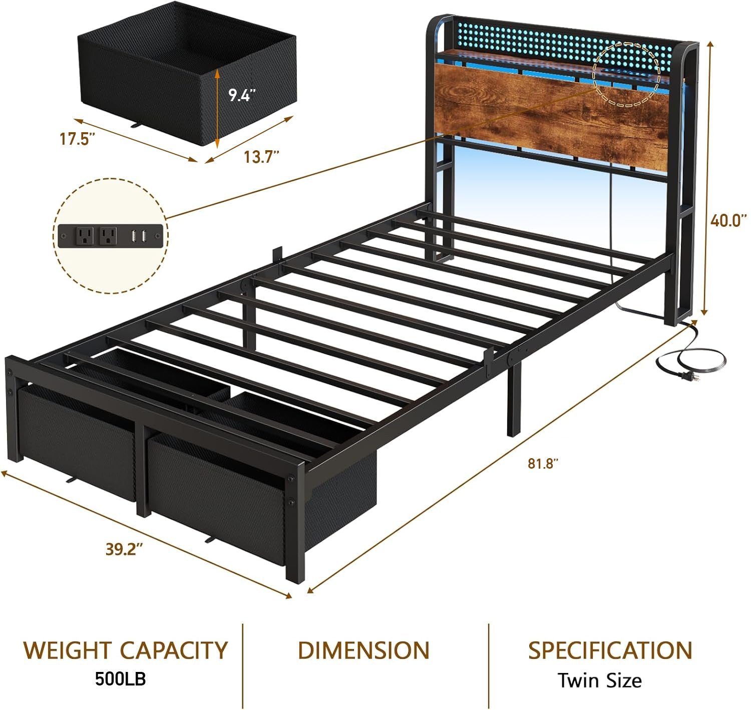 Twin Size Bed Frame with Headboard Storage Platform Bed Frame Twin Size with 2 Drawers Charging Station and LED Lights No Box Spring Needed