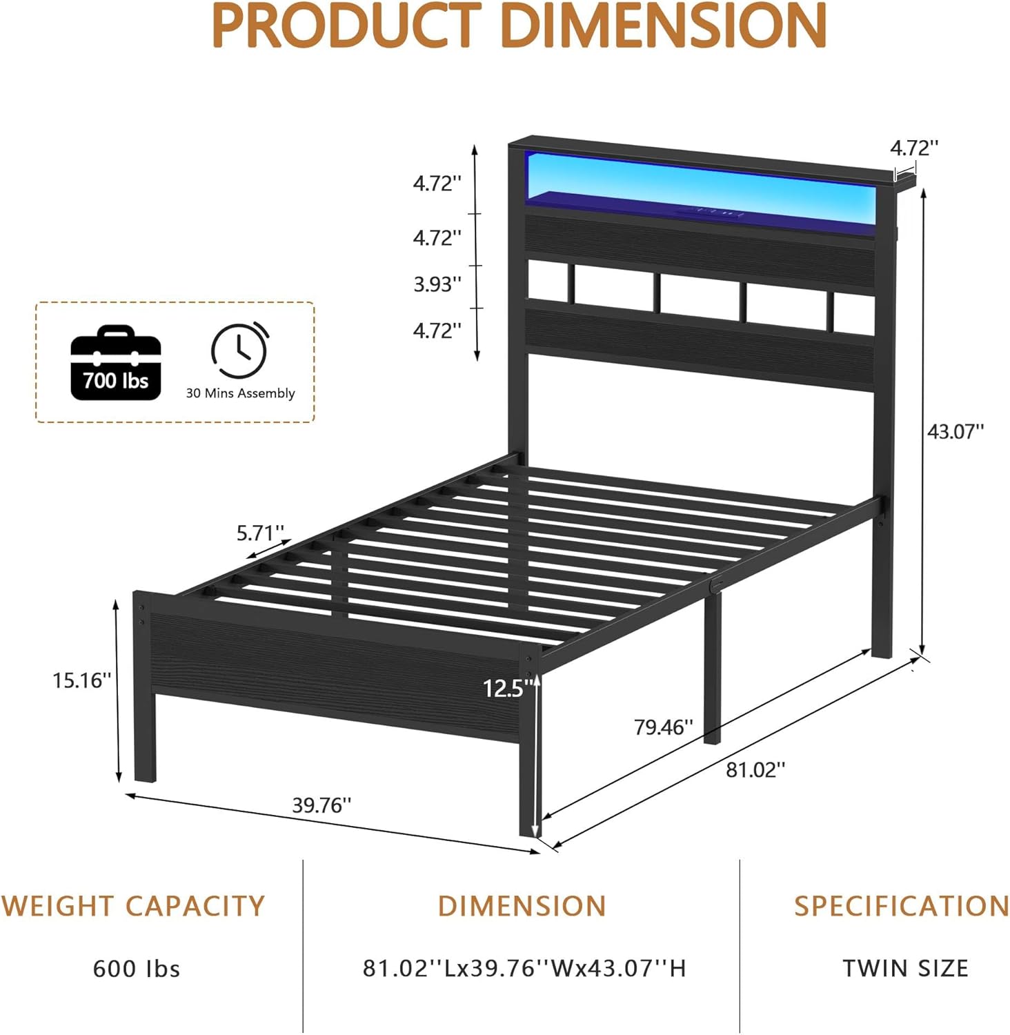 Twin Bed Frames with Charging Station and LED Lights, Twin Size Platform Bed with Metal Slats, Wood Headboard with 2-Tier Storage Shelves, No Box Spring Needed, Black Oak