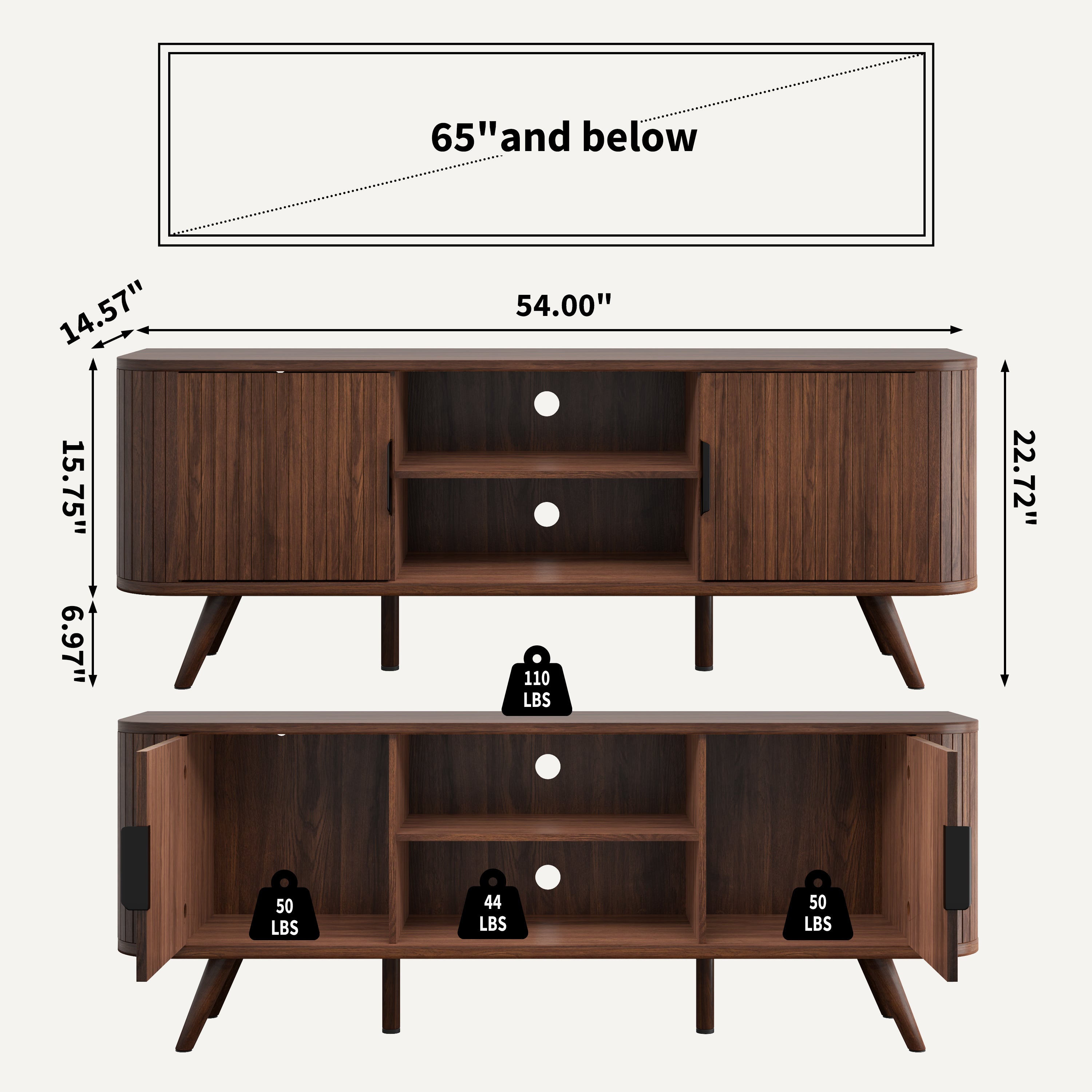 Curved Edge TV Stand Walnut Finish Media Console for 65 Inch TV Modern Fluted Door Credenza with Storage Mid Century Living Room Furniture