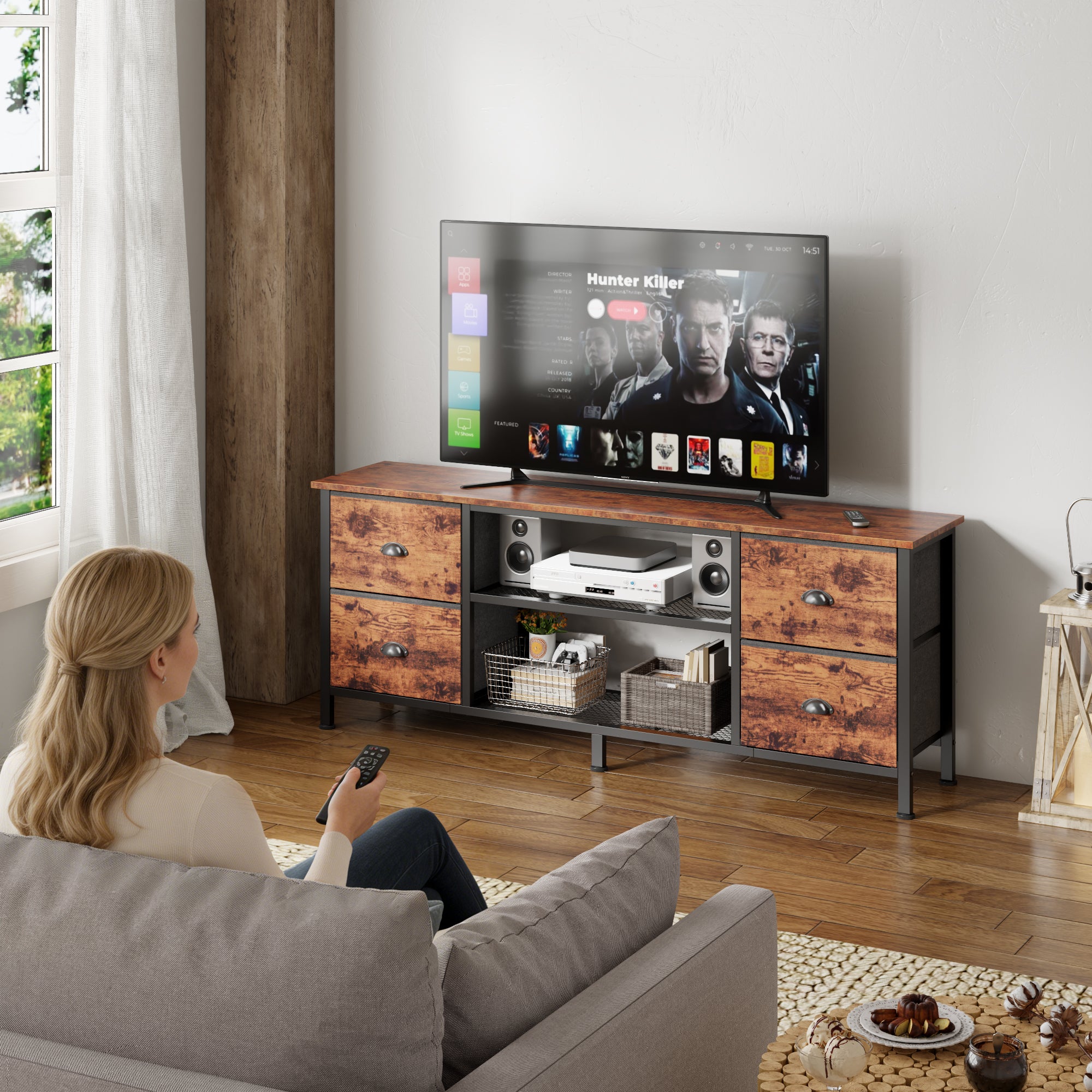 Qwatto 55 Inch Brown TV Stand Dresser for TVs up to 60 Inch 4 Drawers Media Console Entertainment Center Open Shelves Bedroom Living Room Storage