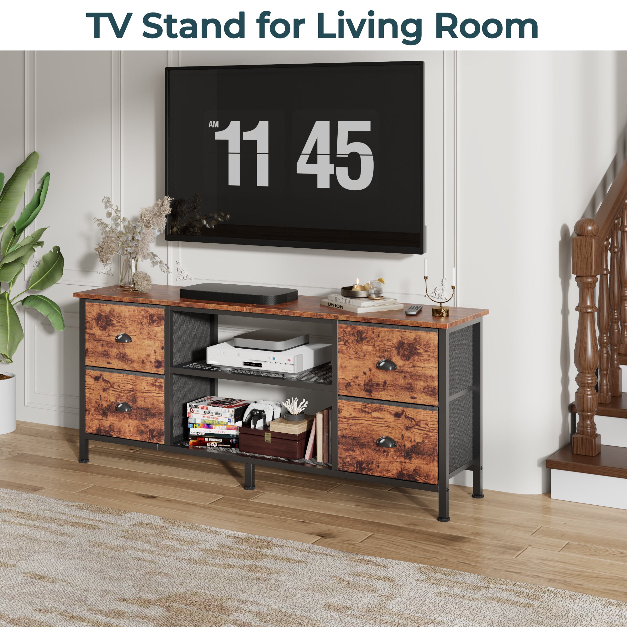 Qwatto 55 Inch Brown TV Stand Dresser for TVs up to 60 Inch 4 Drawers Media Console Entertainment Center Open Shelves Bedroom Living Room Storage