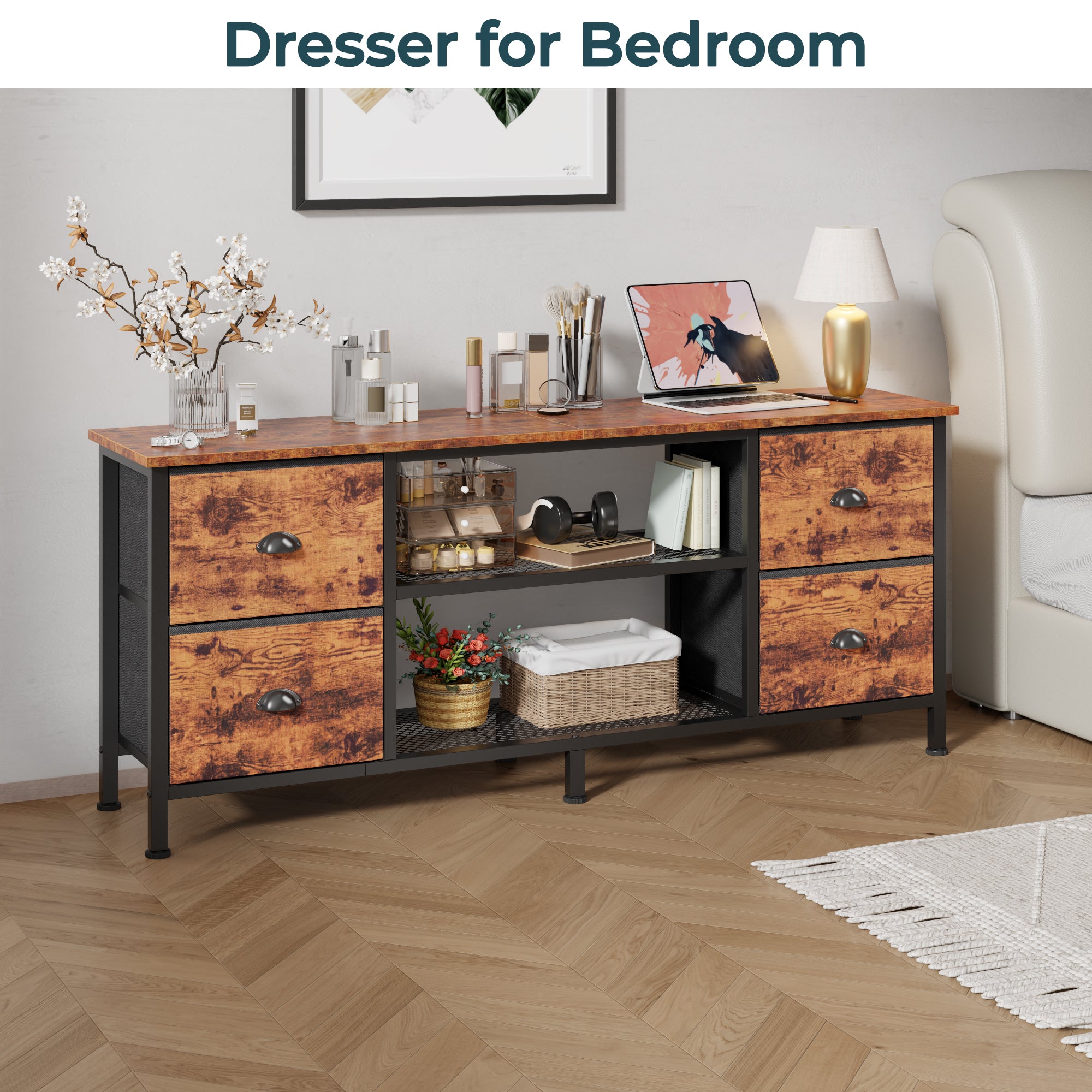Qwatto 55 Inch Brown TV Stand Dresser for TVs up to 60 Inch 4 Drawers Media Console Entertainment Center Open Shelves Bedroom Living Room Storage