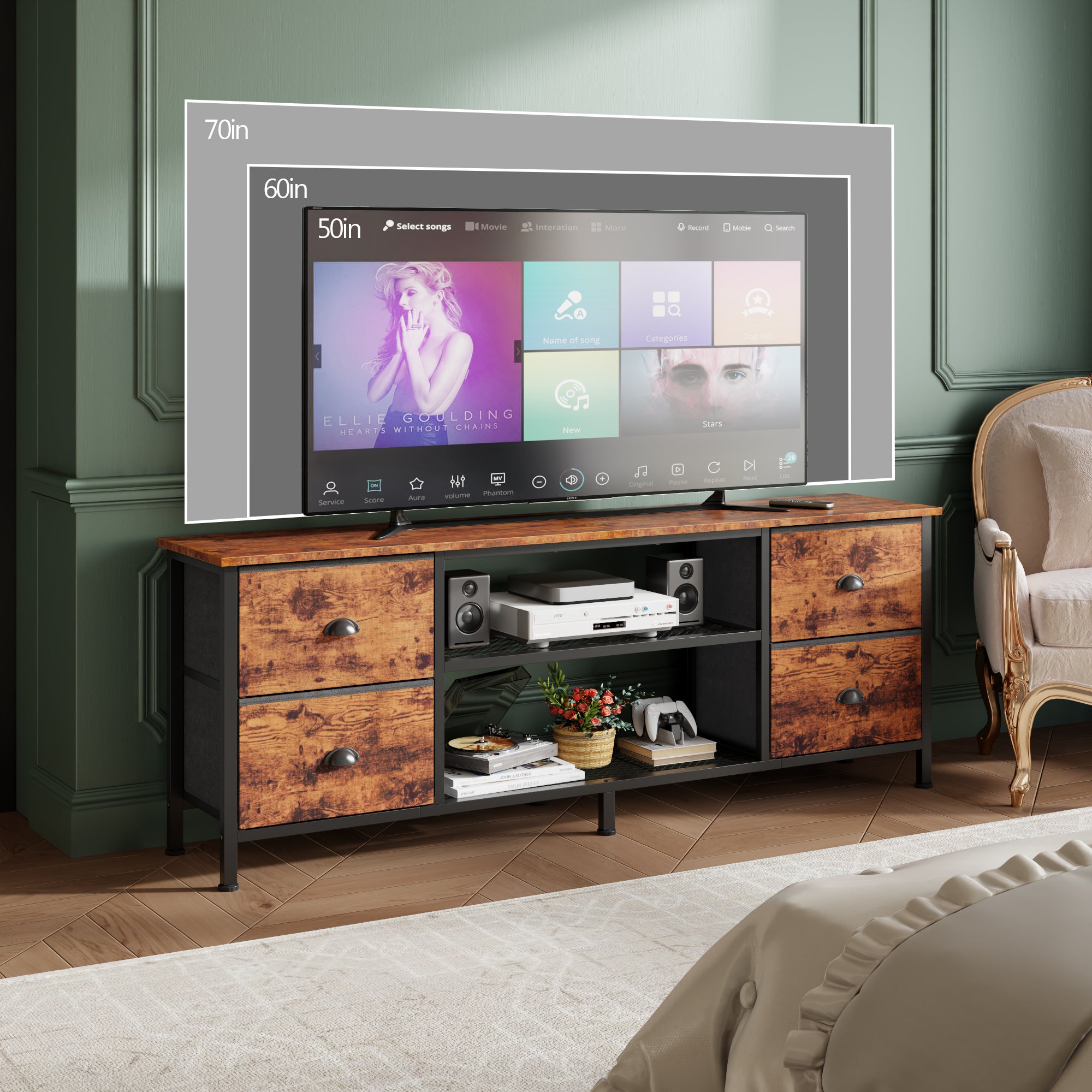 Qwatto 63 Inch Brown TV Stand Dresser for TVs up to 70 Inch Media Console Entertainment Center 4 Drawers Open Shelves Bedroom Living Room Storage