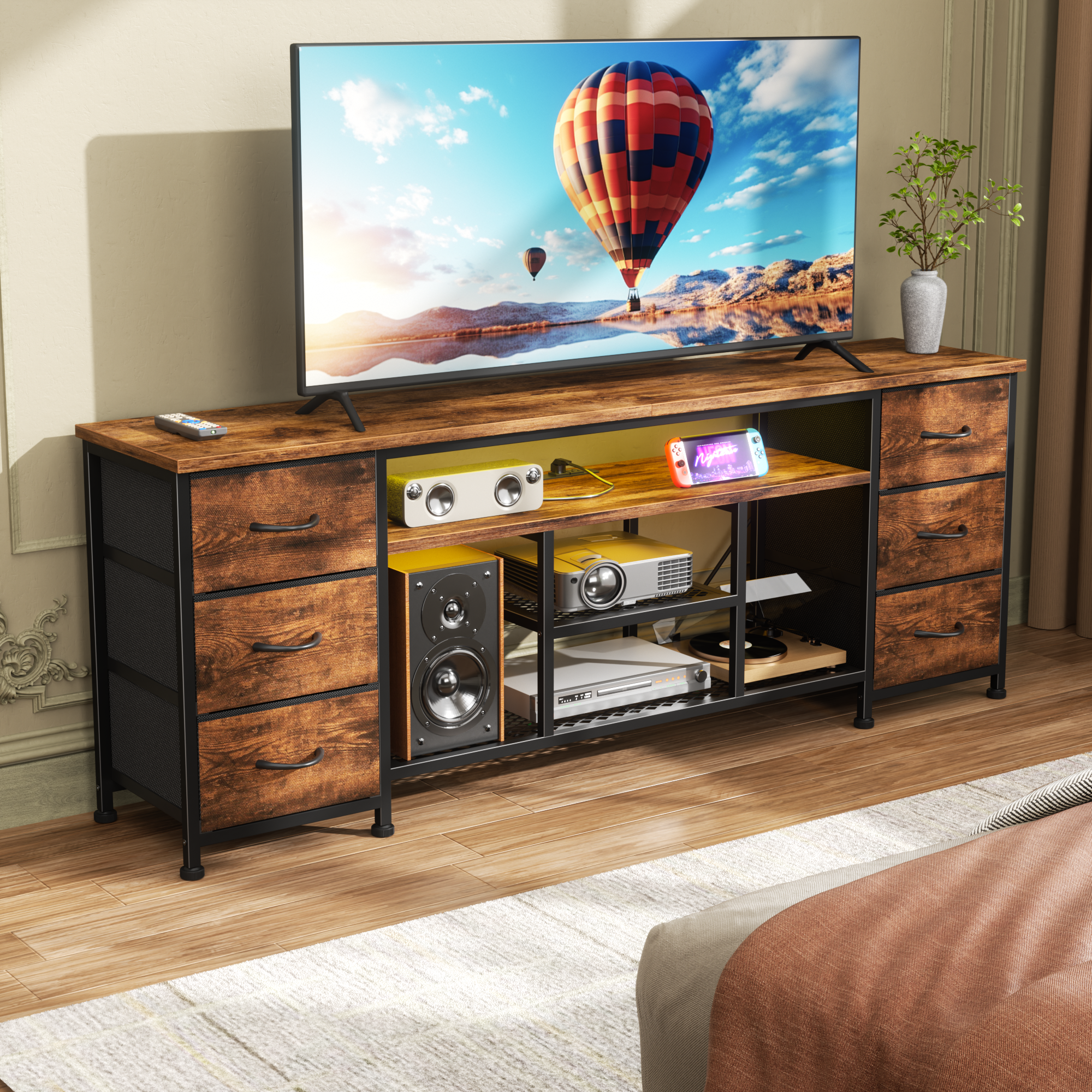 Qwatto 63 Inch Brown TV Stand Dresser with Charging Station LED Lights 6 Fabric Drawers Entertainment Center for TVs up to 70 Inch Bedroom Storage