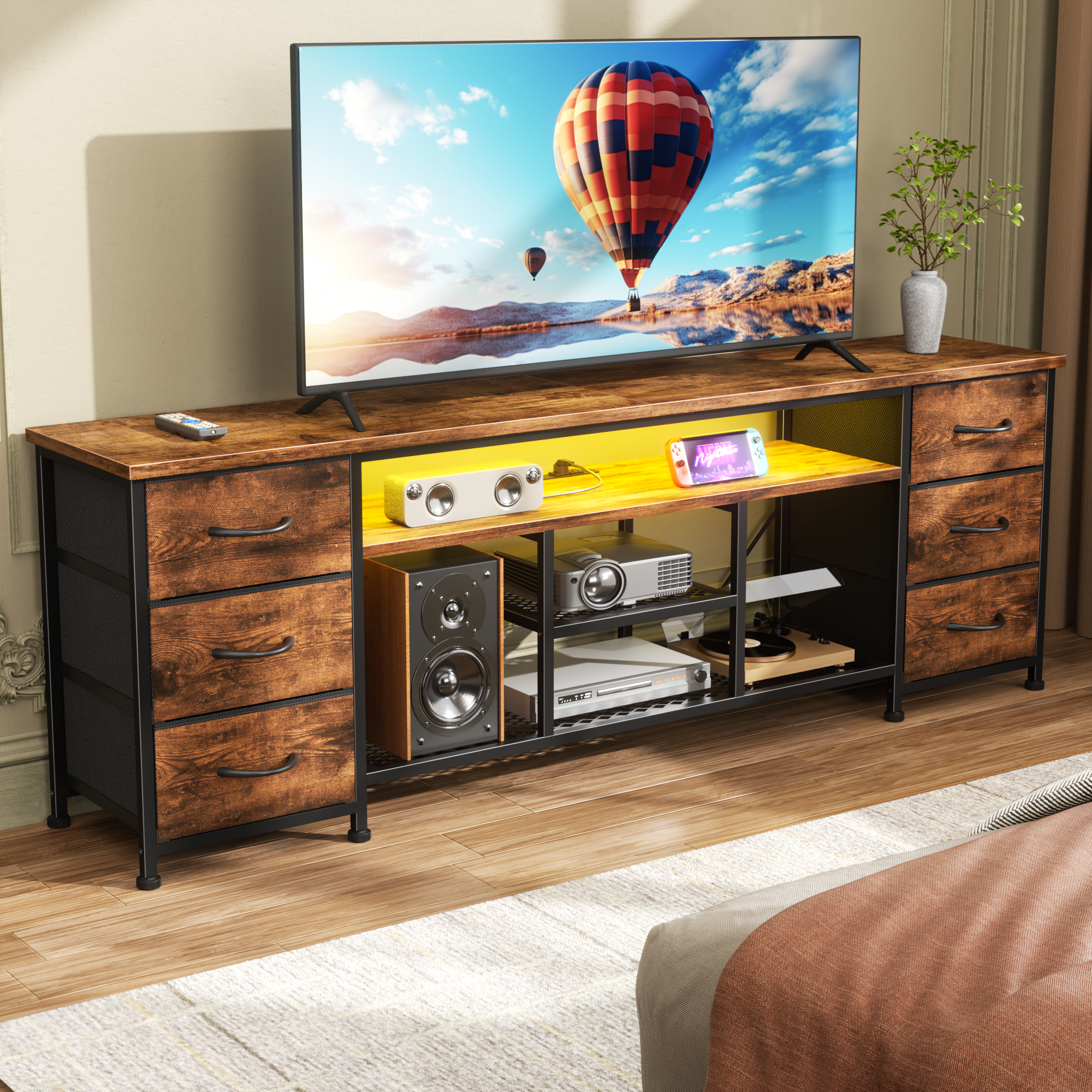 71 Inch Brown TV Stand Dresser with Charging Station LED Lights 6 Fabric Drawers PU Leather Media Console for TVs up to 80 Inch Bedroom Storage