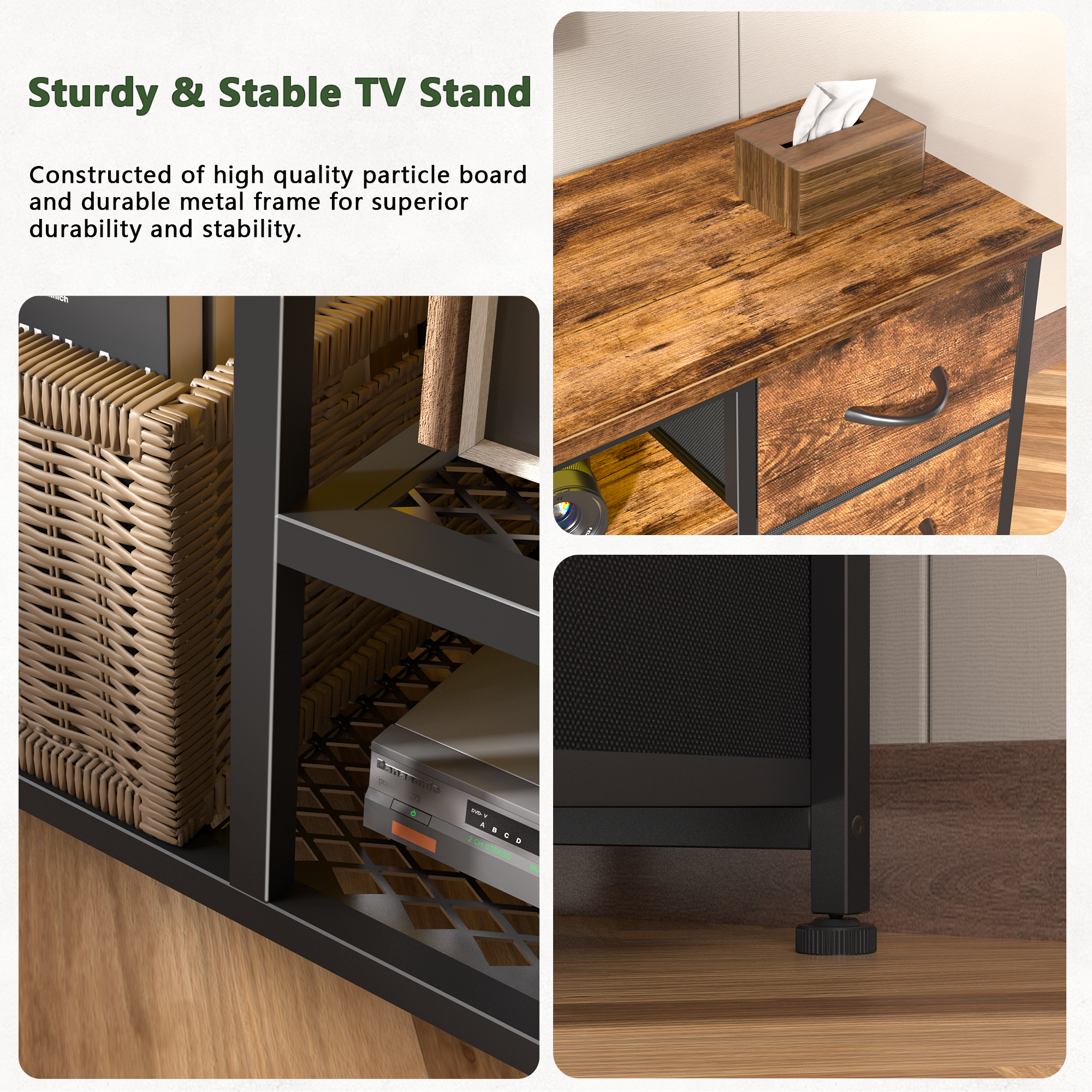 Qwatto 55 Inch Brown TV Stand Dresser with Charging Station LED Lights 6 Fabric Drawers Entertainment Center for TVs up to 60 Inch Bedroom Storage