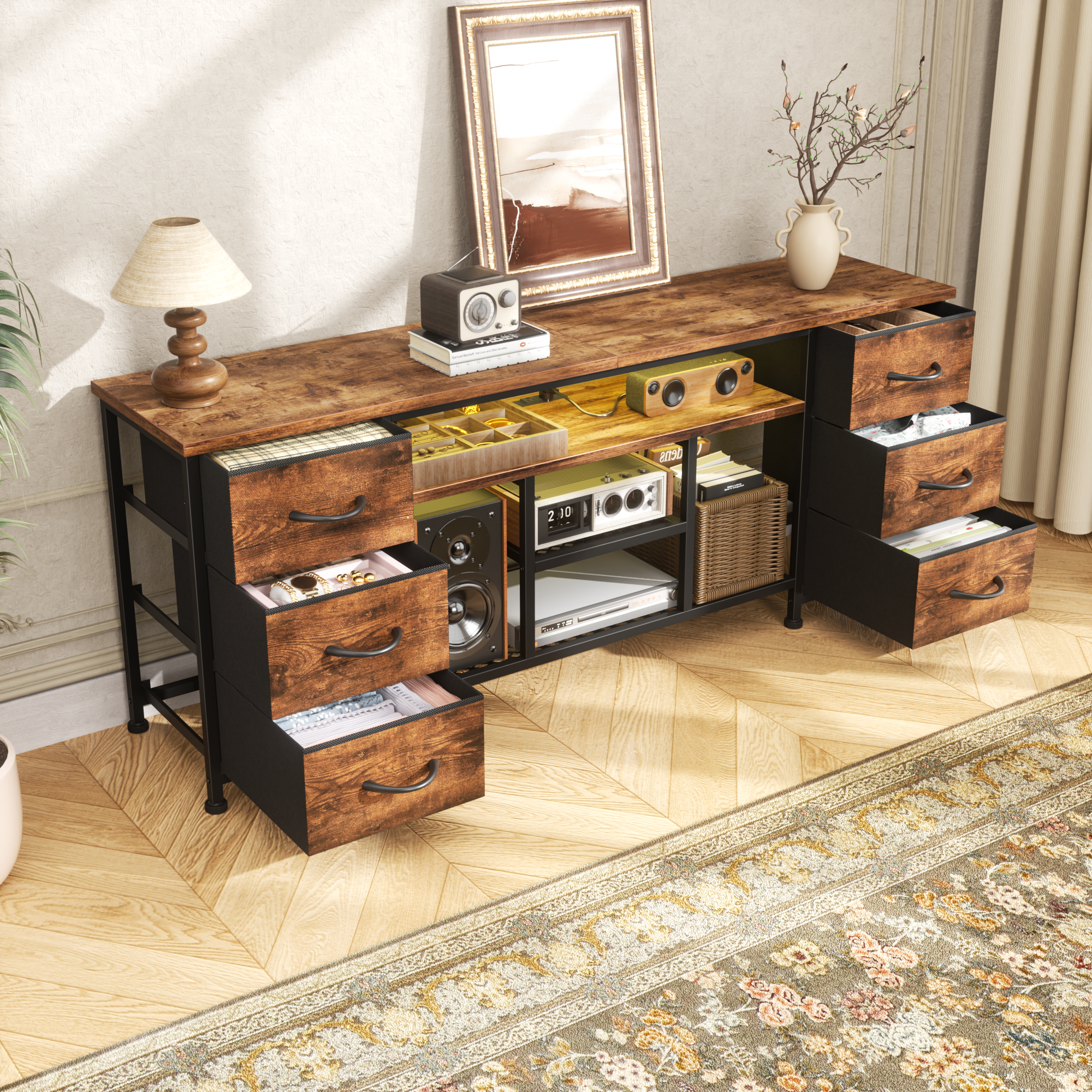 Qwatto 55 Inch Brown TV Stand Dresser with Charging Station LED Lights 6 Fabric Drawers Entertainment Center for TVs up to 60 Inch Bedroom Storage