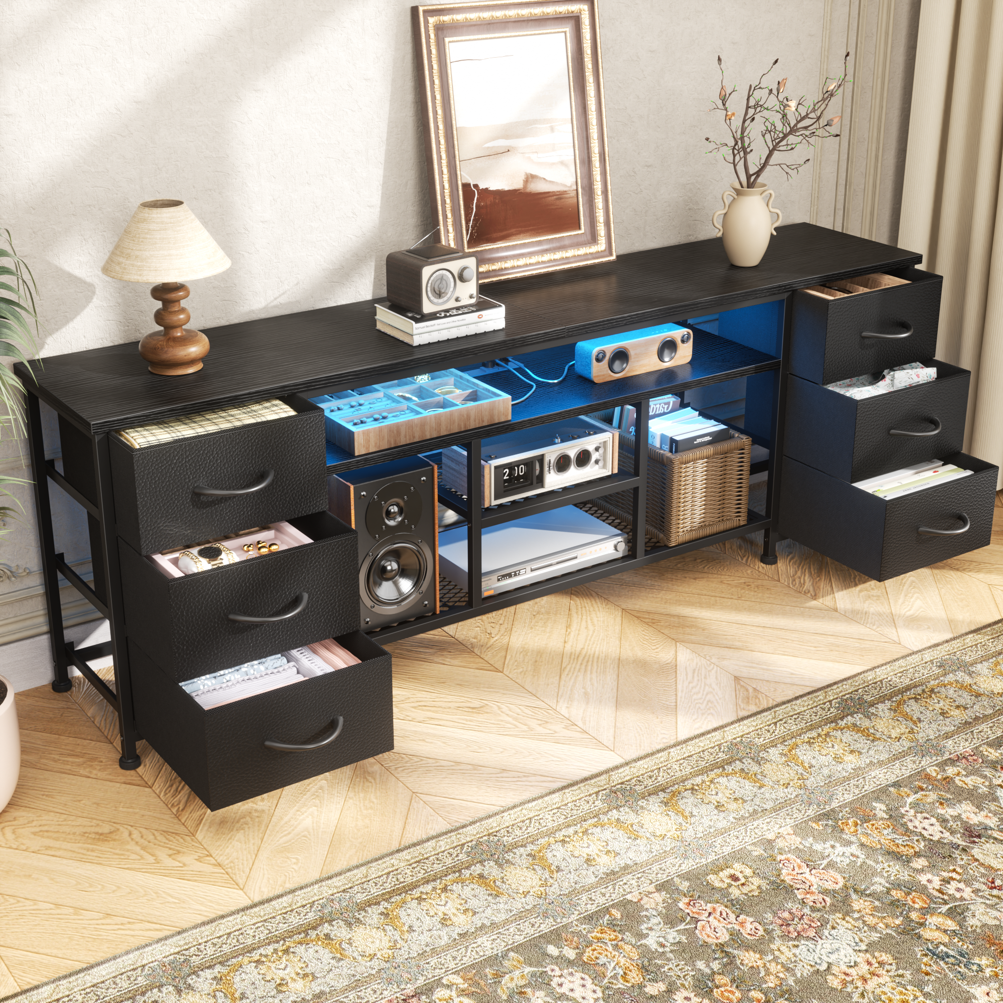71 Inch Black TV Stand Dresser with Charging Station LED Lights 6 Fabric Drawers PU Leather Media Console for TVs up to 80 Inch Bedroom Storage