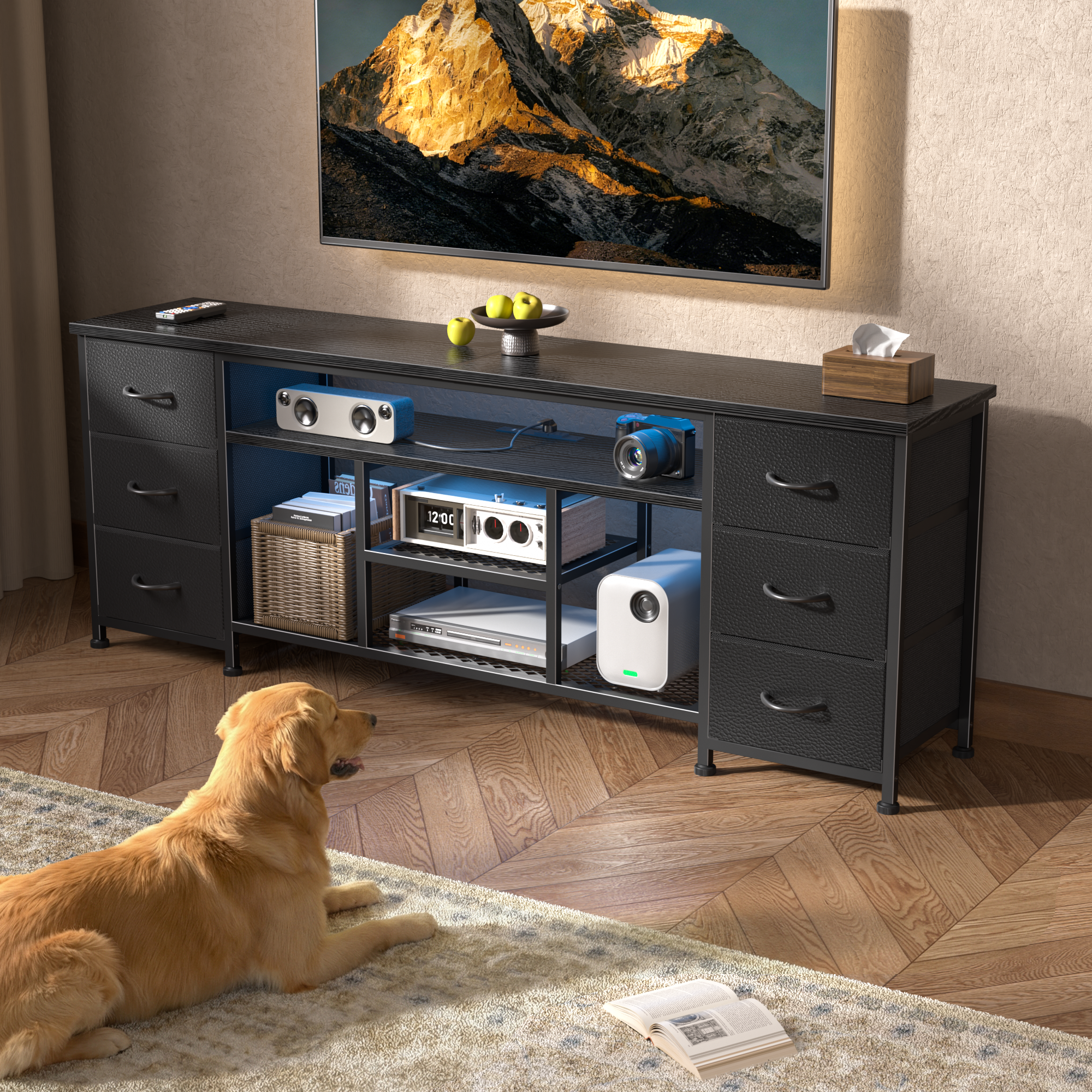 Qwatto 63 Inch Black TV Stand Dresser with Charging Station LED Lights 6 Fabric Drawers Entertainment Center for TVs up to 70 Inch Bedroom Storage