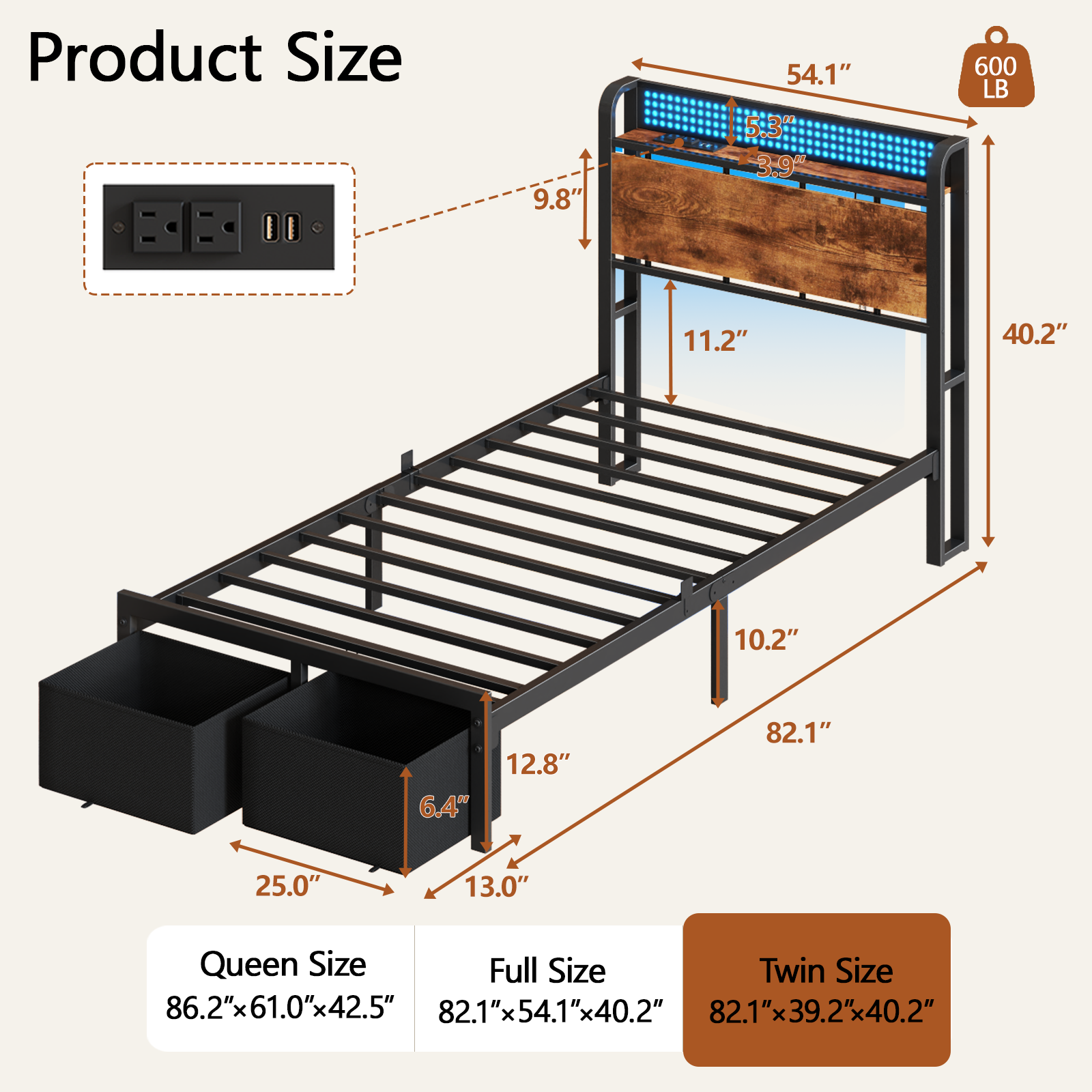 Twin Size Bed Frame with Headboard Storage Platform Bed Frame Twin Size with 2 Drawers Charging Station and LED Lights No Box Spring Needed
