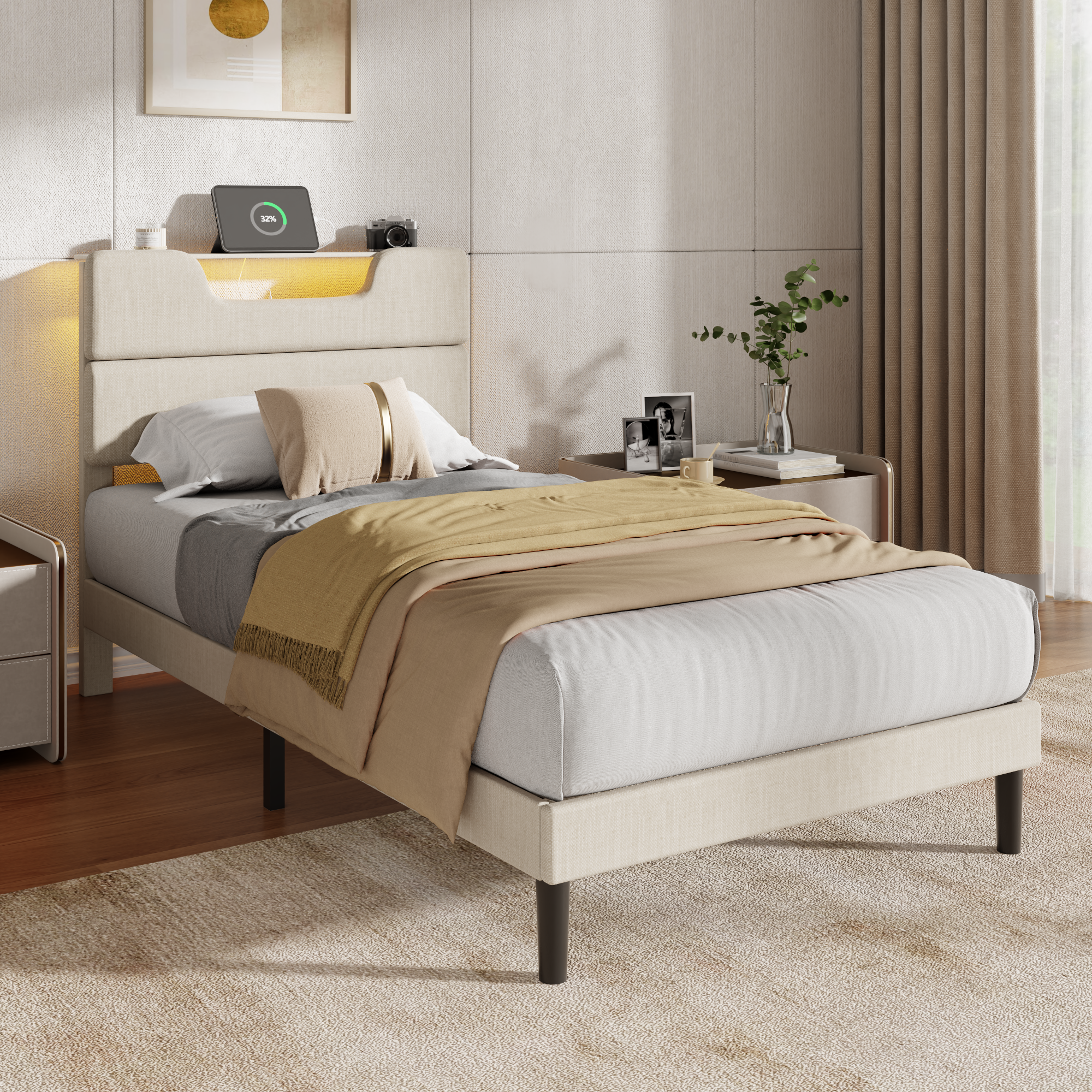 Twin Size Bed Frame with LED Lights Headboard with Charging Station Upholstered Platform Bedframe Metal Support No Box Spring Needed 2-Tier Storage