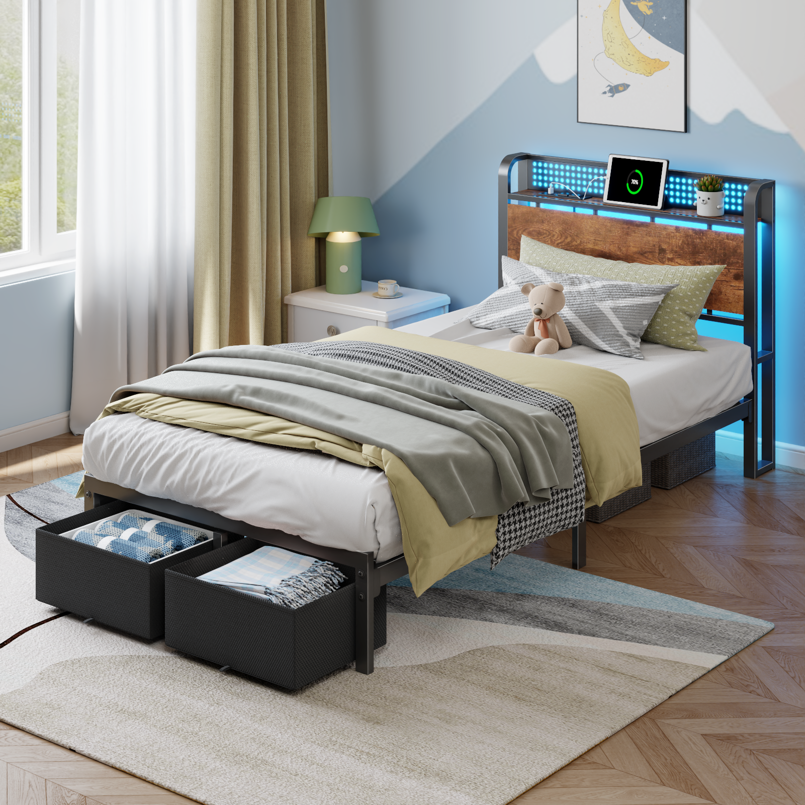 Furnulem Twin Size Bed Frame with Headboard Storage Platform Bed Frame Twin Size with 2 Drawers Charging Station and LED Lights No Box Spring Needed