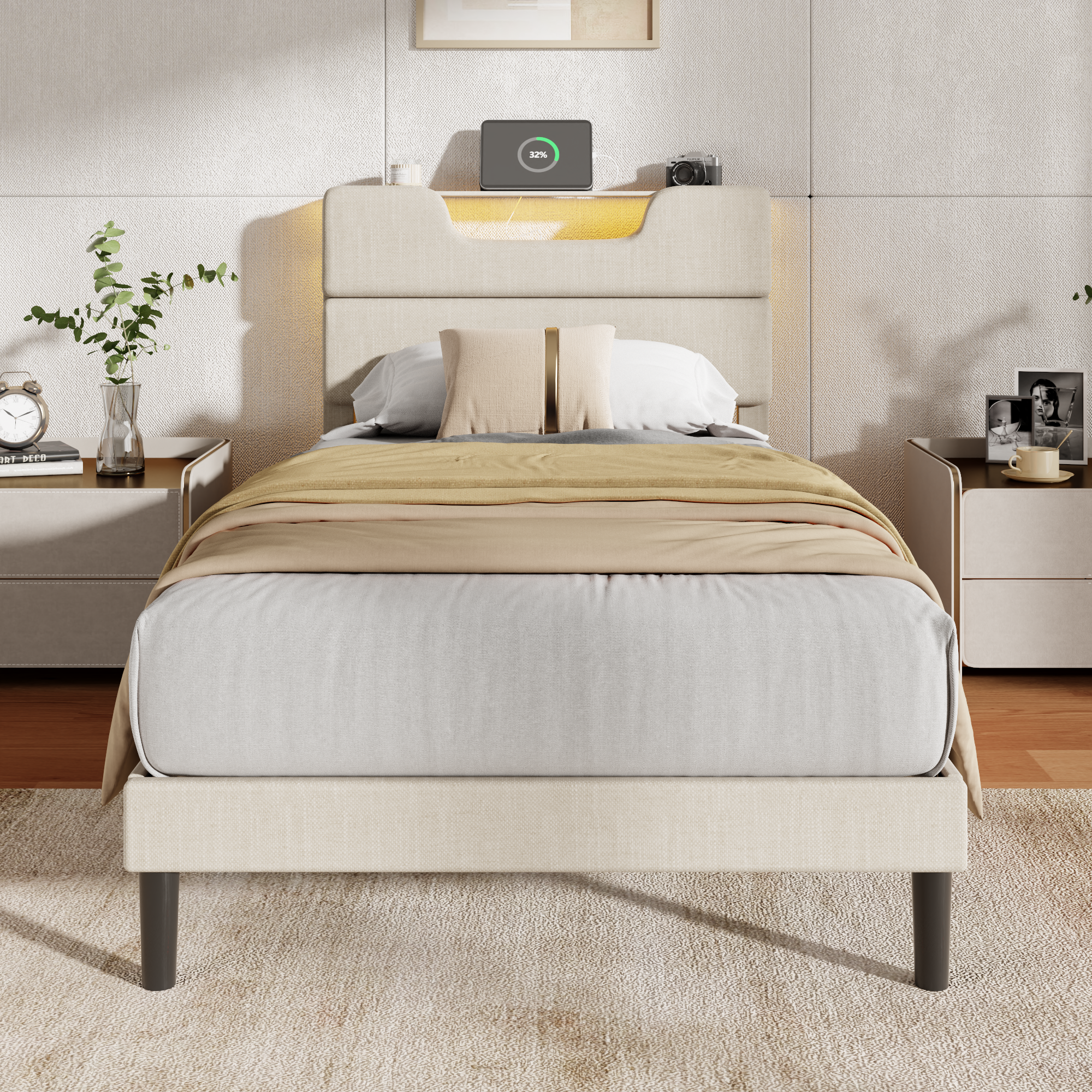 Twin Size Bed Frame with LED Lights Headboard with Charging Station Upholstered Platform Bedframe Metal Support No Box Spring Needed 2-Tier Storage