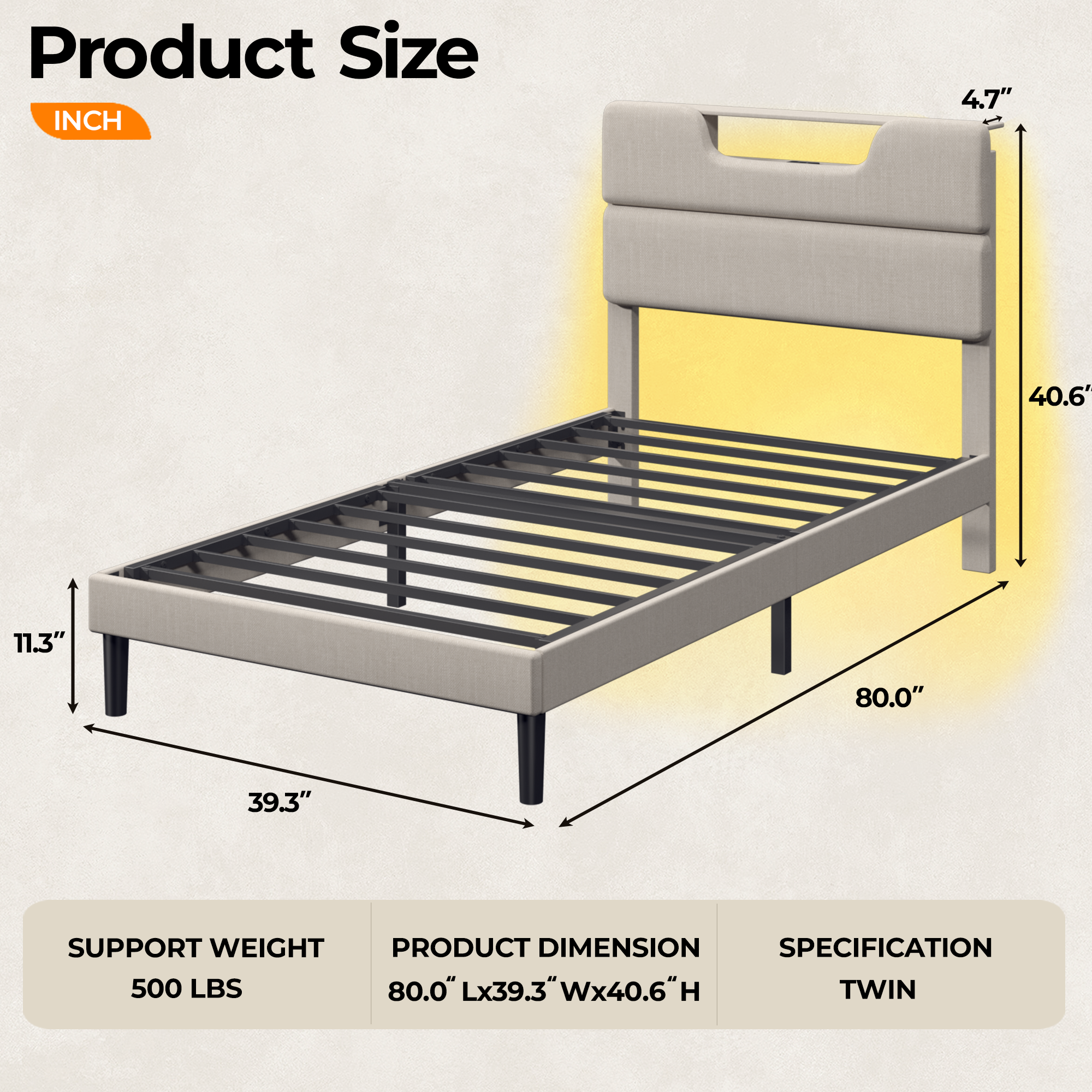 Twin Size Metal Platform Bed Frame Upholstered Headboard LED Lights Charging Station Heavy Duty Support No Box Spring Needed Bedroom USB