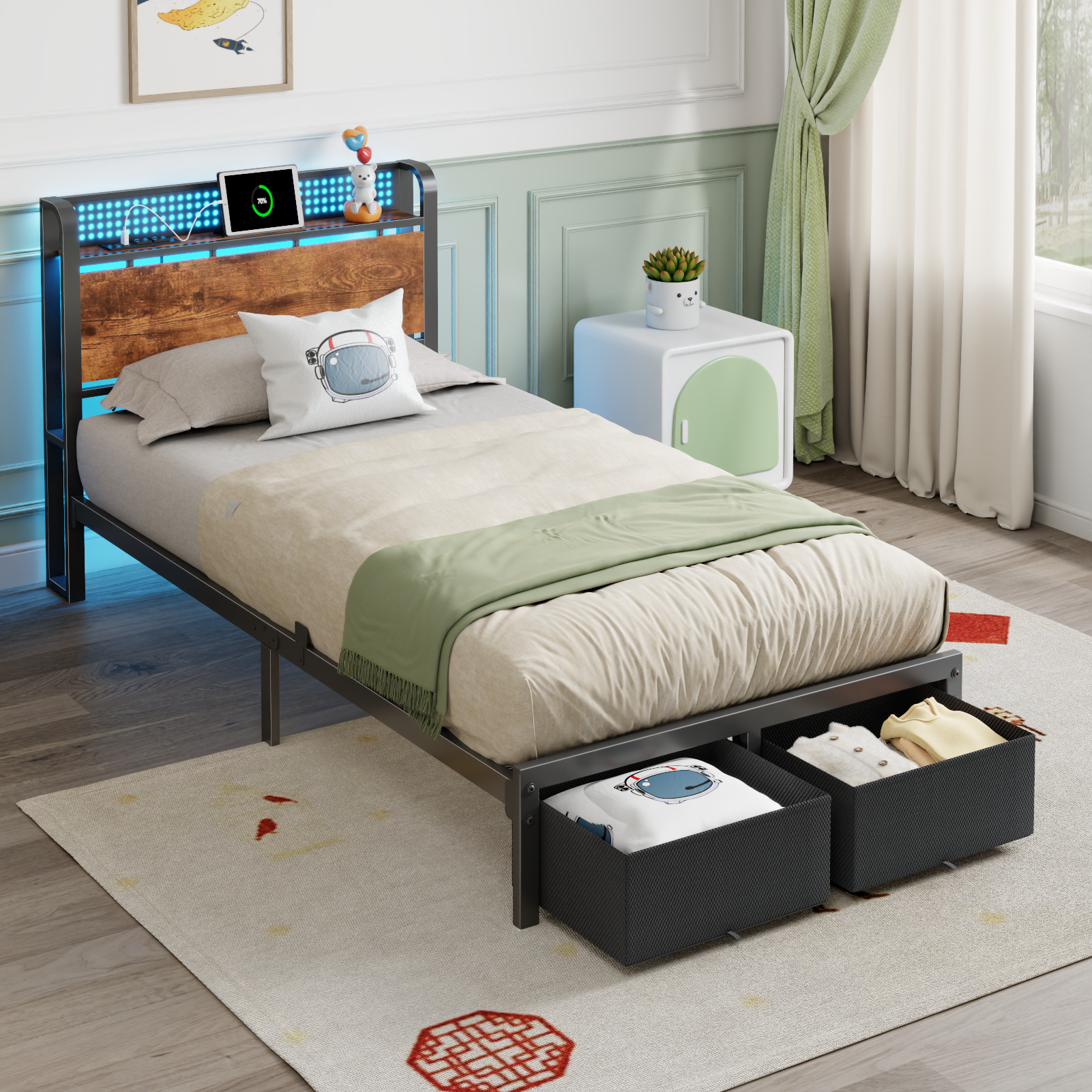 Twin Size Bed Frame with Headboard Storage Platform Bed Frame Twin Size with 2 Drawers Charging Station and LED Lights No Box Spring Needed