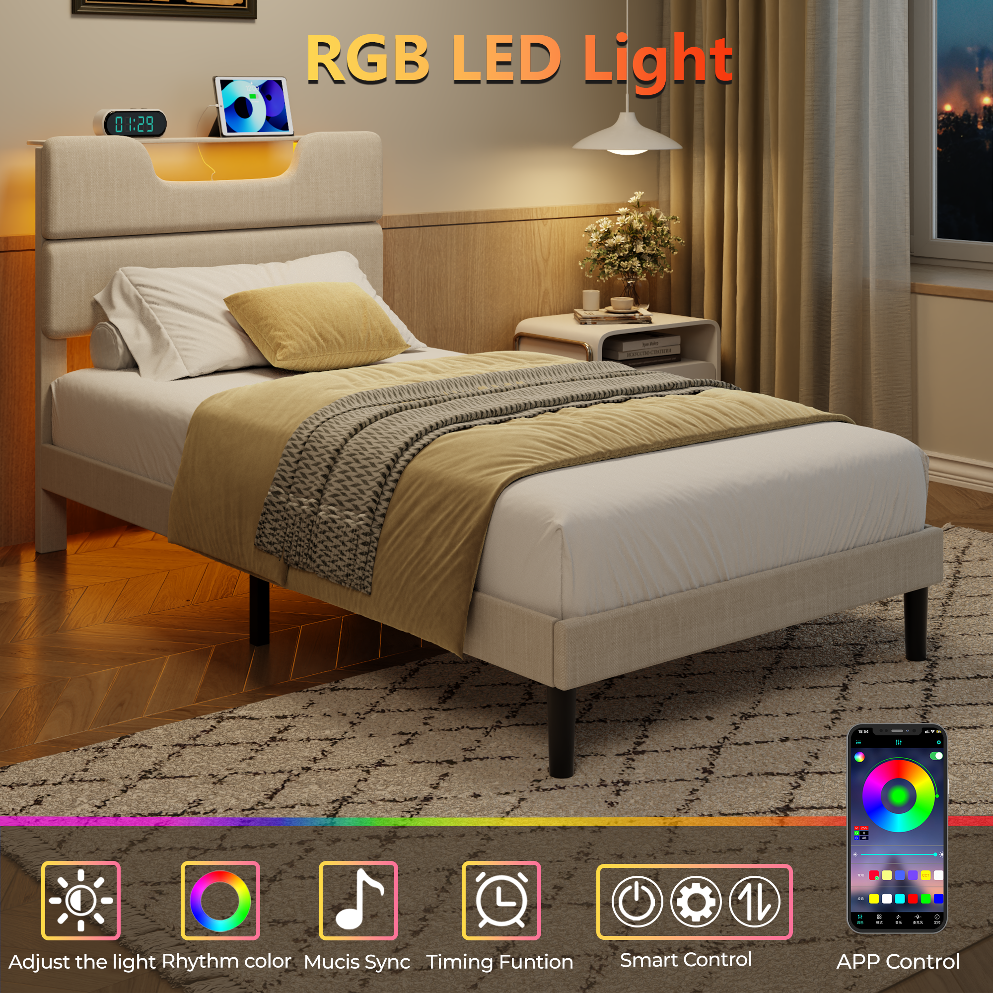 Twin Size Bed Frame with LED Lights Headboard with Charging Station Upholstered Platform Bedframe Metal Support No Box Spring Needed 2-Tier Storage