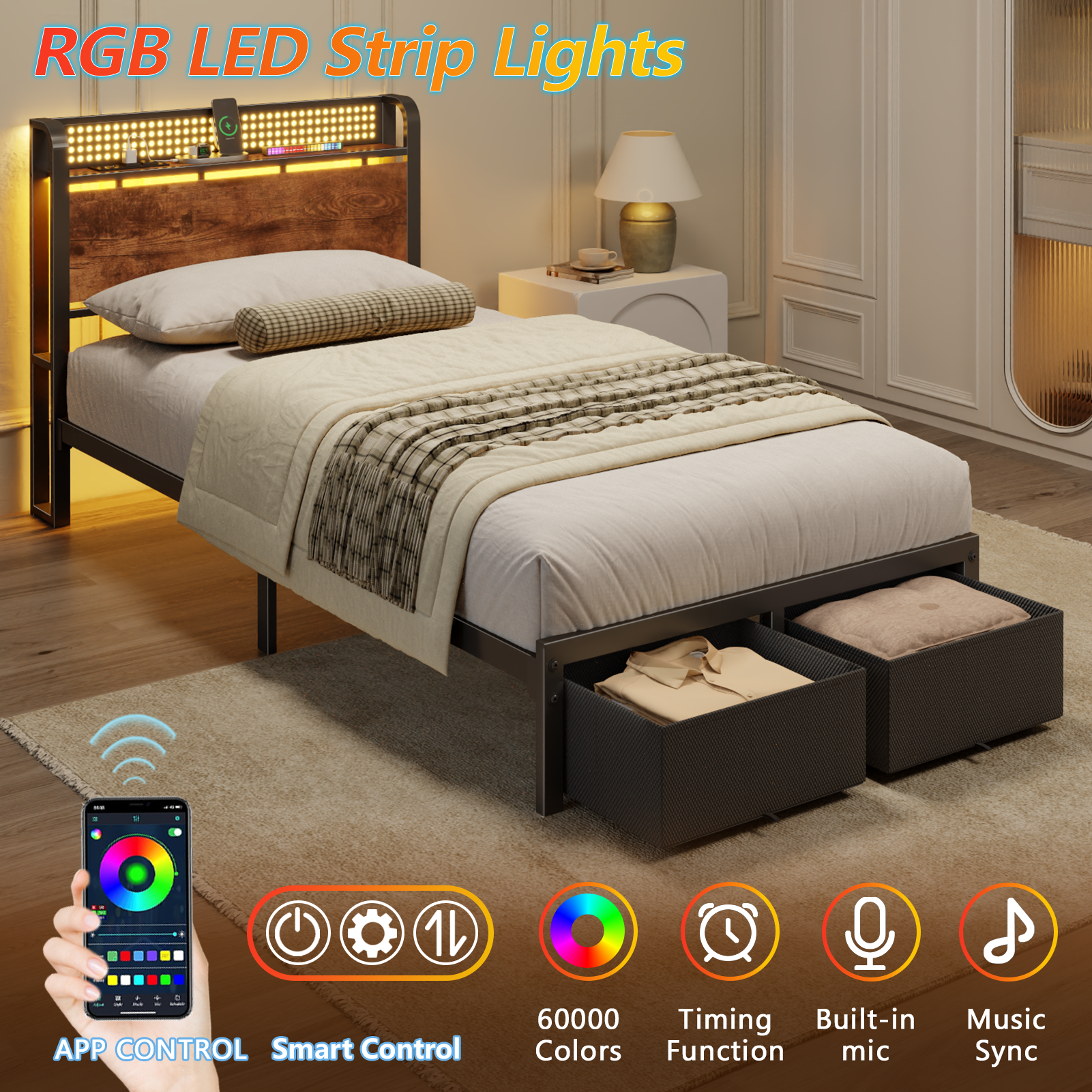 Furnulem Twin Size Bed Frame with Headboard Storage Platform Bed Frame Twin Size with 2 Drawers Charging Station and LED Lights No Box Spring Needed