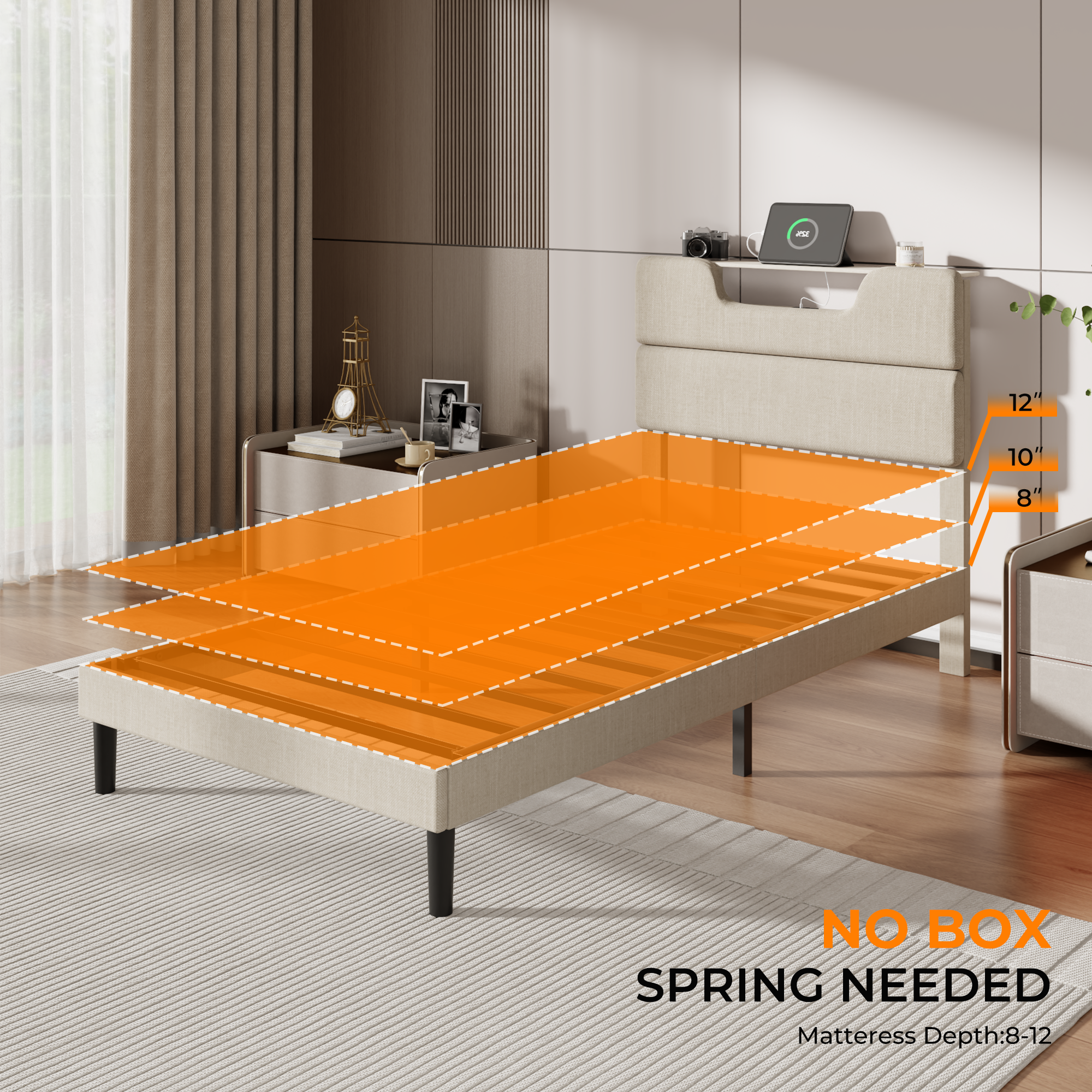 Twin Size Metal Platform Bed Frame Upholstered Headboard LED Lights Charging Station Heavy Duty Support No Box Spring Needed Bedroom USB