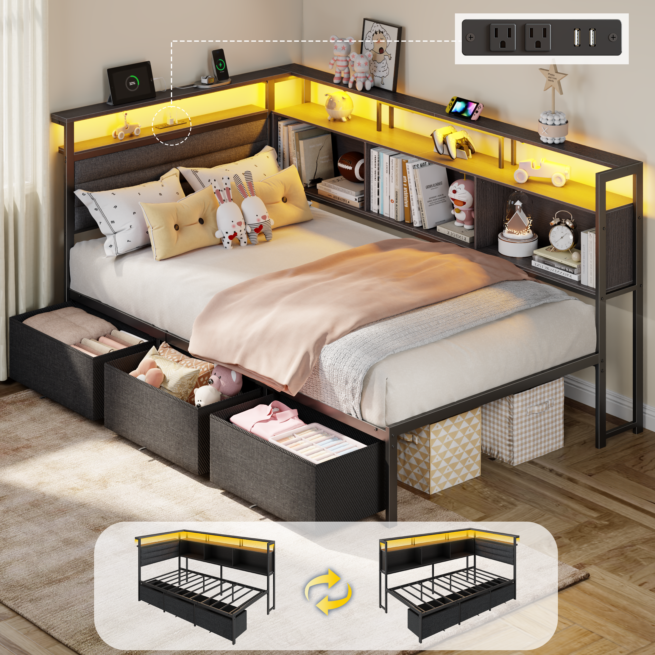 Twin Size Daybed with 3 Storage Drawers Charging Station LED Lights Bookcase Headboard Black Upholstered Corner Bed Frame Kids Teens