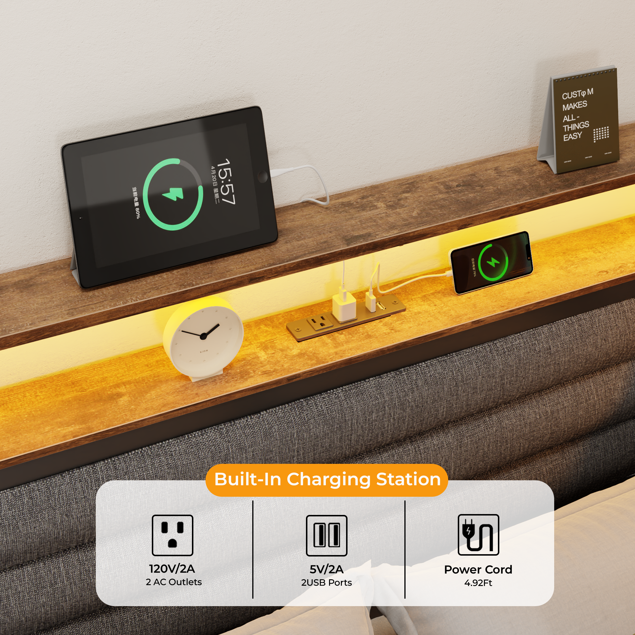 Twin Corner Bed Frame with Storage Bookcase LED Lights Charging Station 3 Drawers L Shaped Daybed for Kids Teens Small Spaces Brown