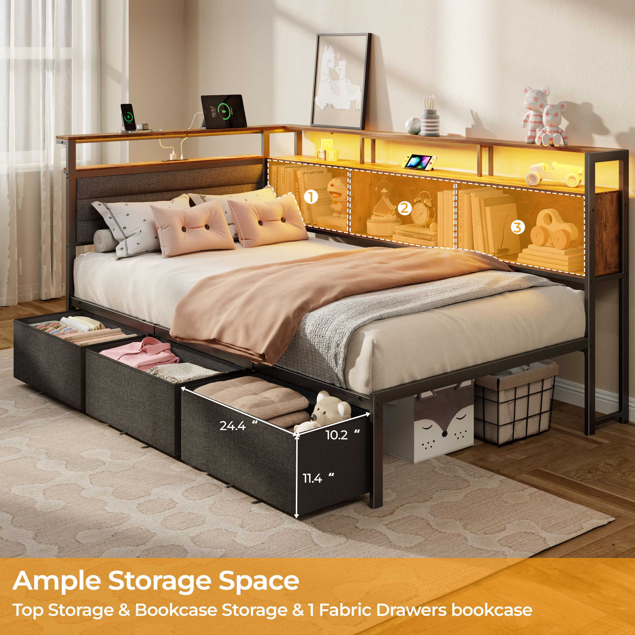 Twin Size Bed Frames Bed Frame with Storage Bookcase and LED Lights with Upholstered Headboard and Charging Station Twin Daybed with 3 Storage Drawers
