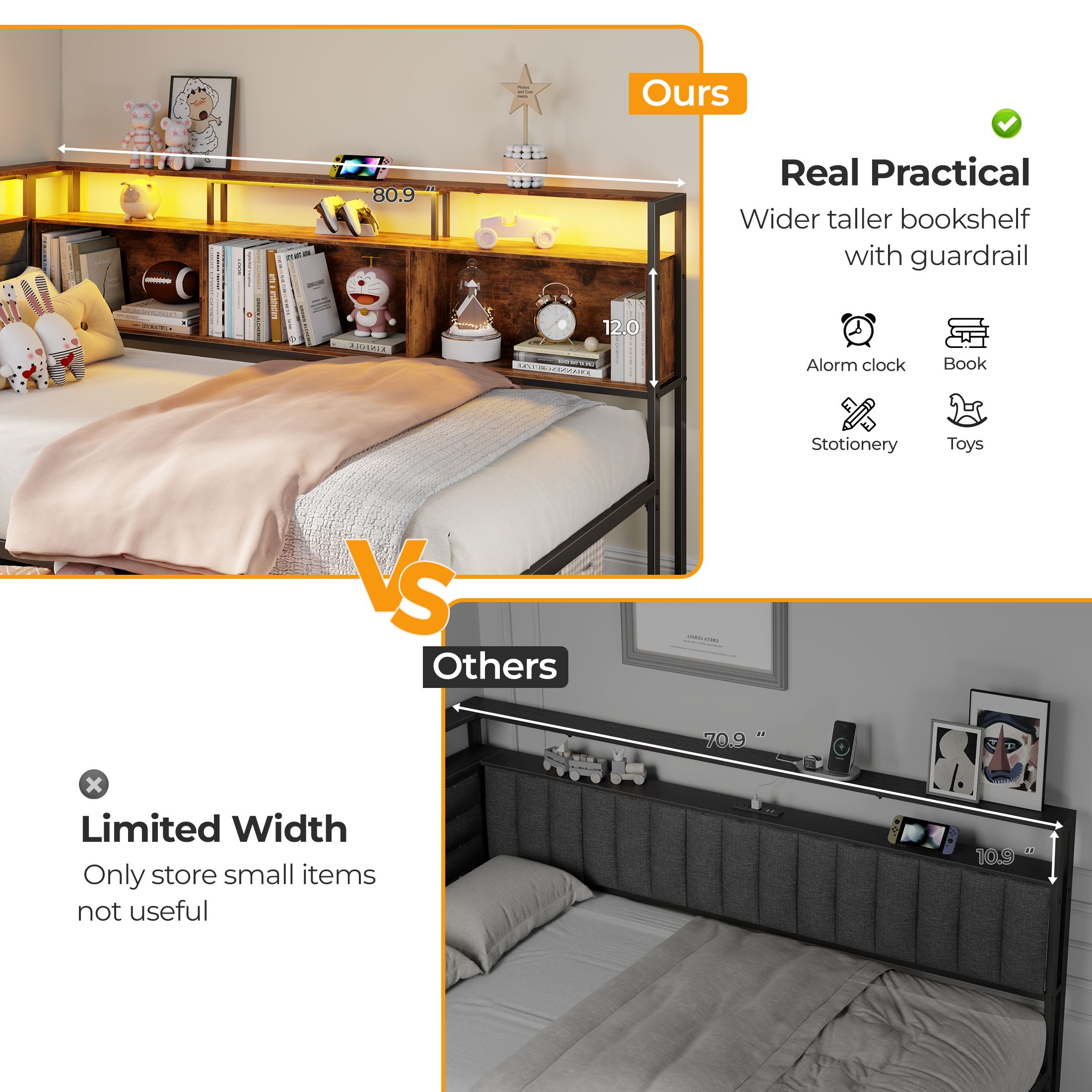 Twin Size Bed Frames Bed Frame with Storage Bookcase and LED Lights with Upholstered Headboard and Charging Station Twin Daybed with 3 Storage Drawers