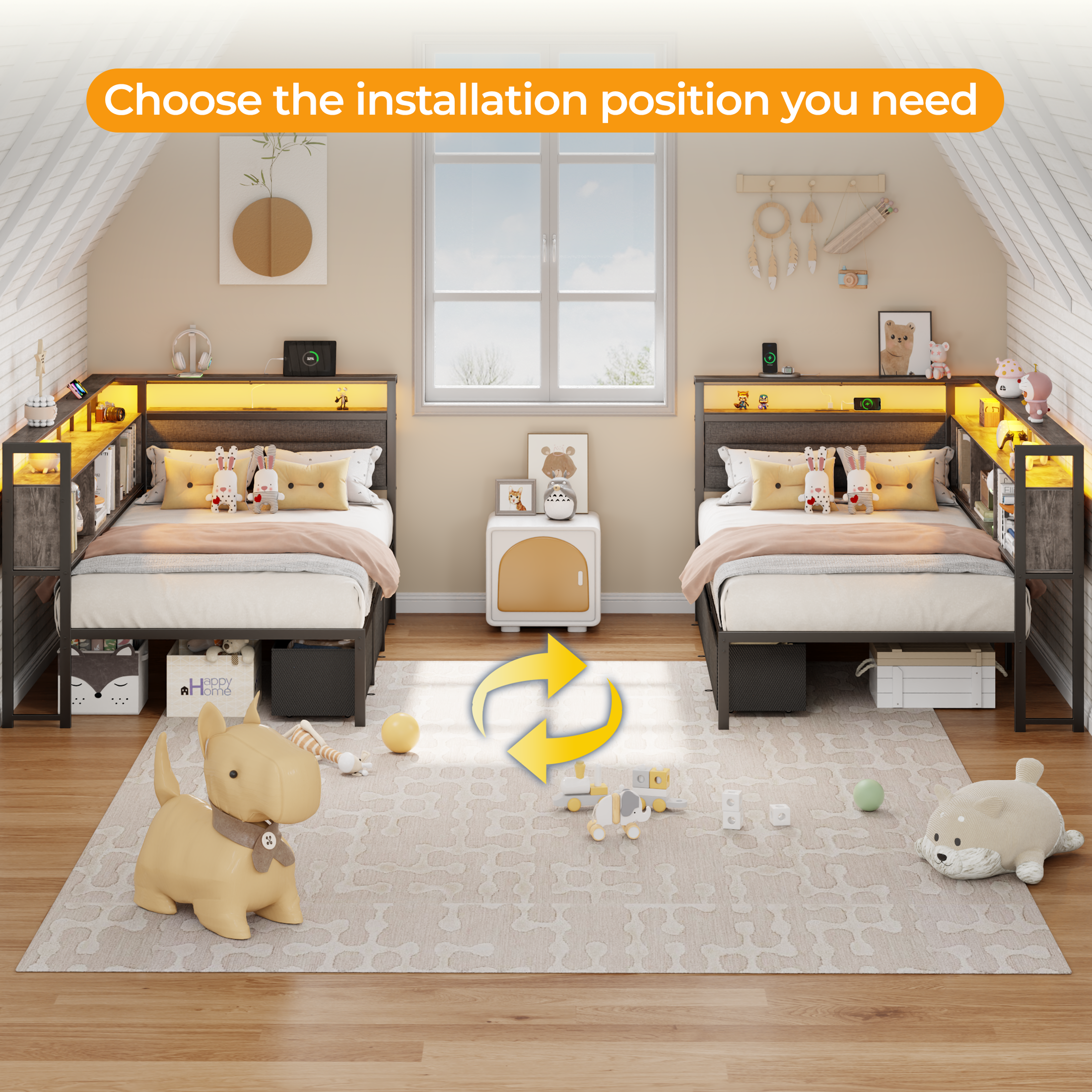 Twin Size Bed Frames Bed Frame with Storage Bookcase and LED Lights with Upholstered Headboard and Charging Station Twin Daybed with 3 Storage Drawers